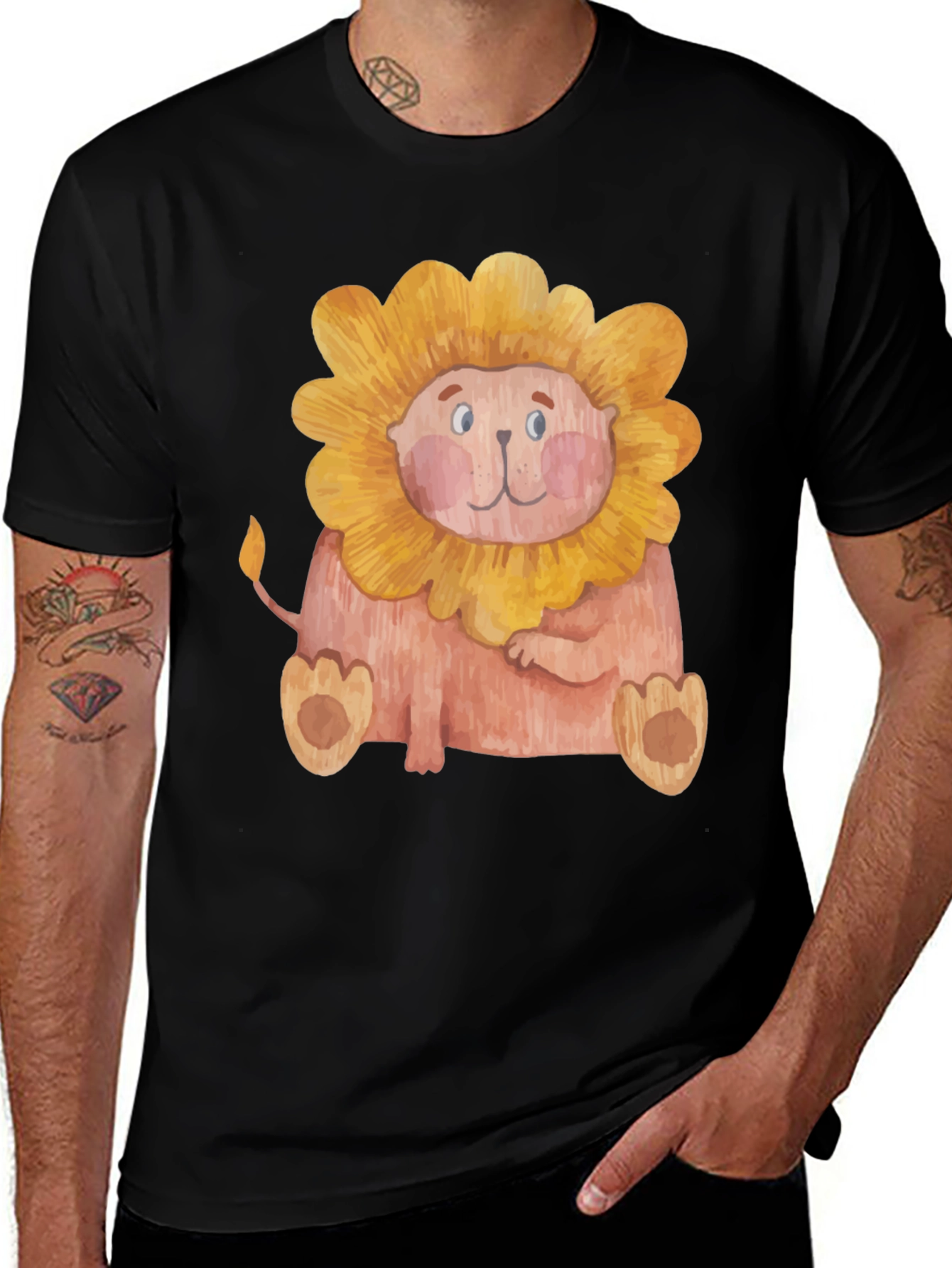 Cute Lion Graphic Print Mens Black T-Shirt