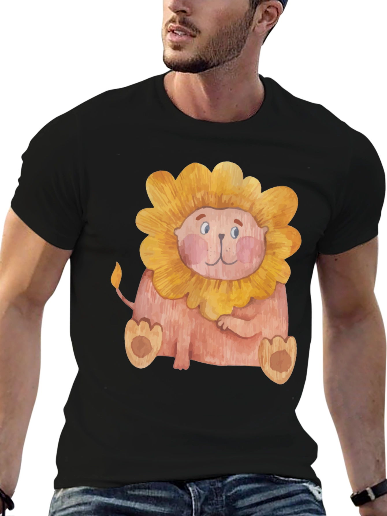 Cute Lion Graphic Print Mens Black T-Shirt