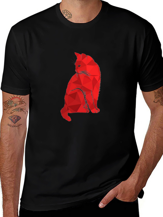 Geometric Red Cat Black T-Shirt