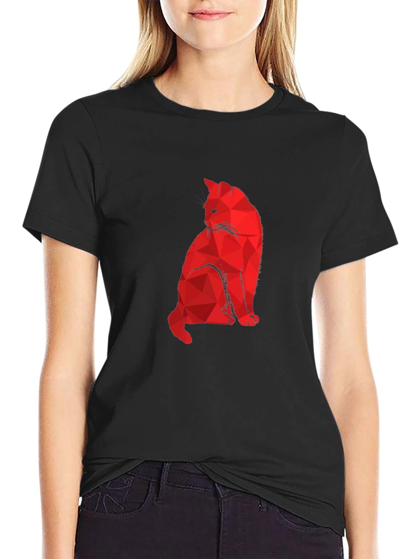 Geometric Red Cat Black T-Shirt