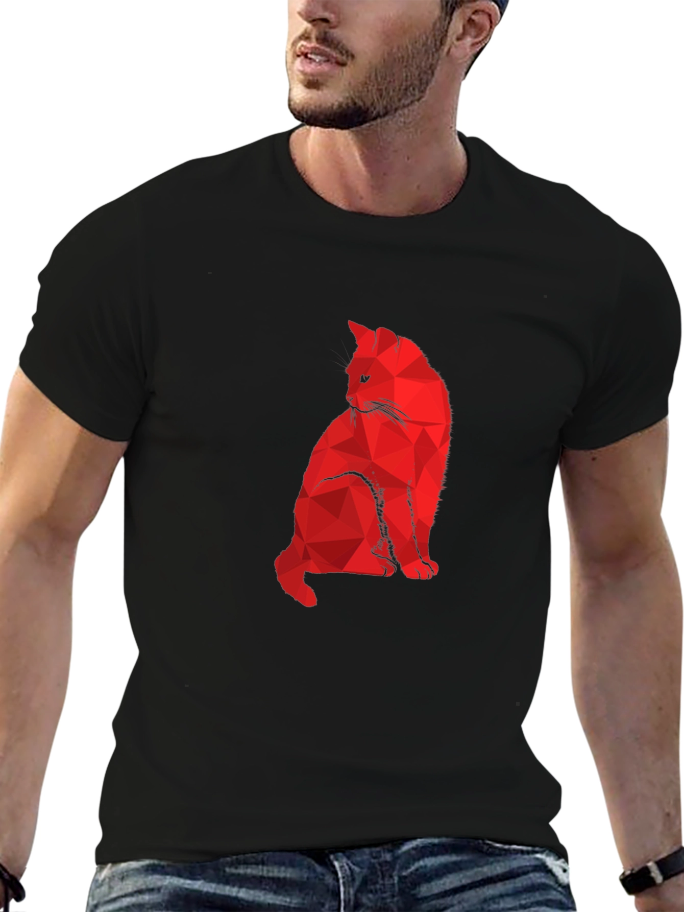 Geometric Red Cat Black T-Shirt