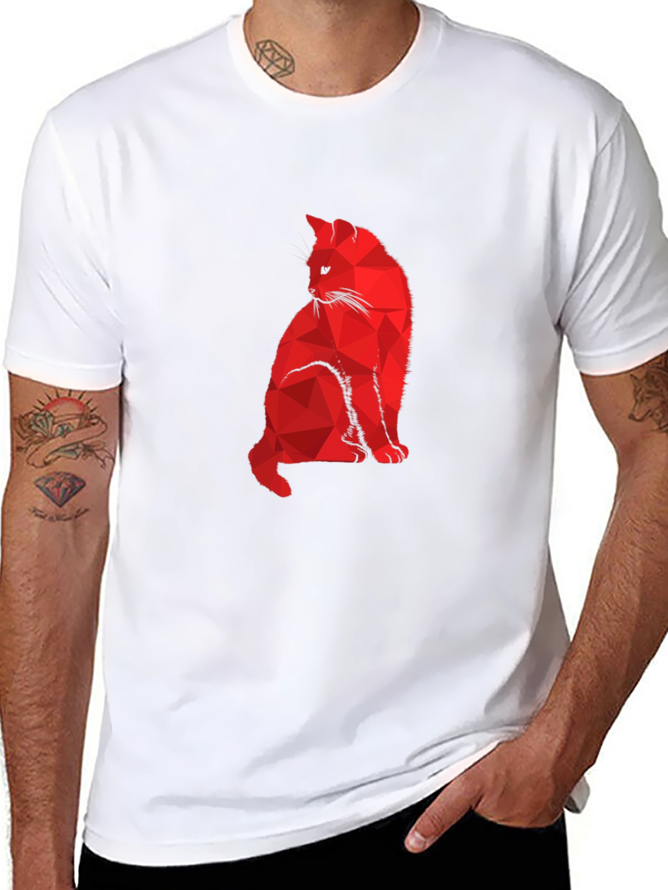 Geometric Red Cat Black T-Shirt