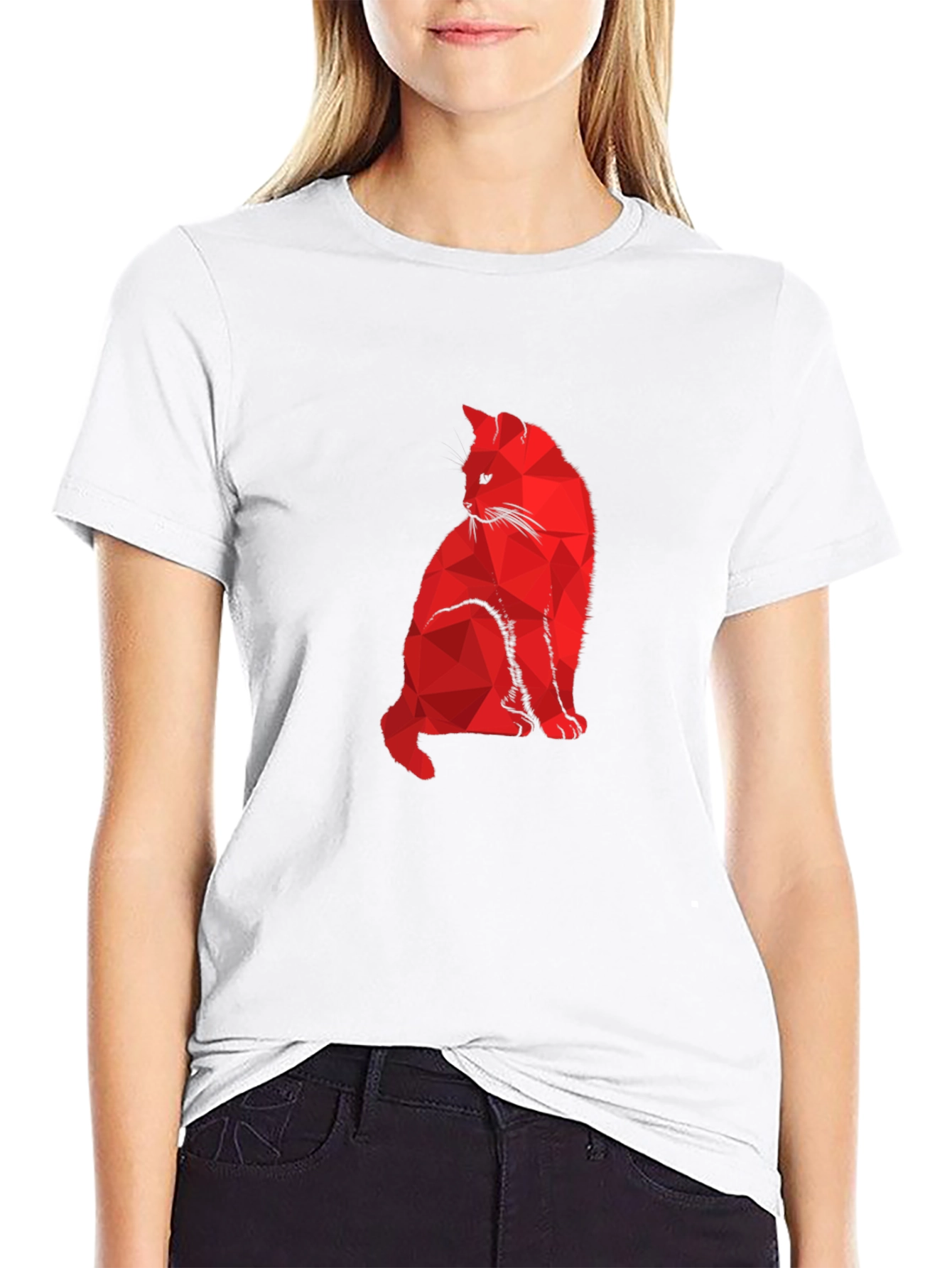 Geometric Red Cat Black T-Shirt