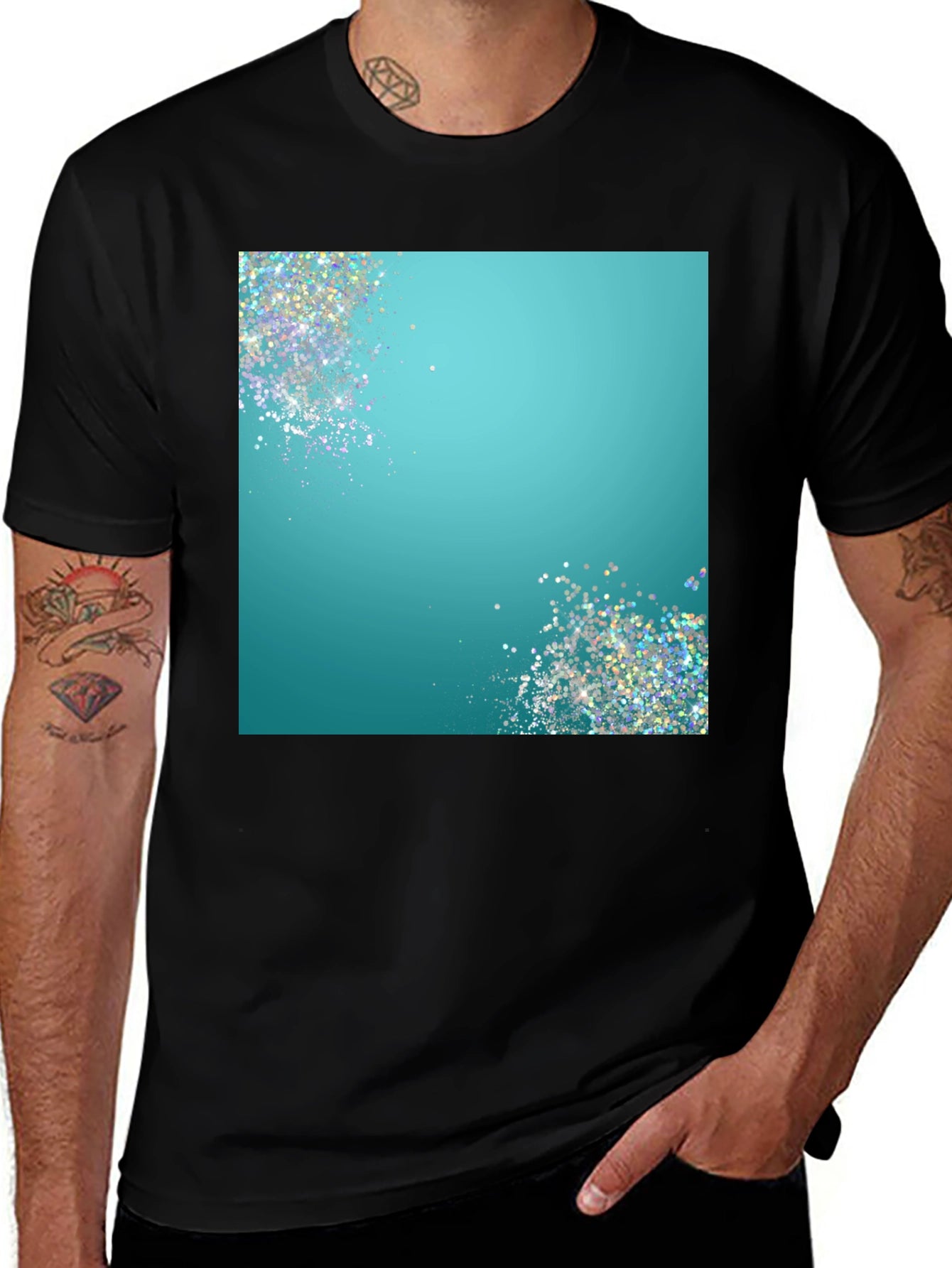 Teal Sparkle Graphic Black T-Shirt