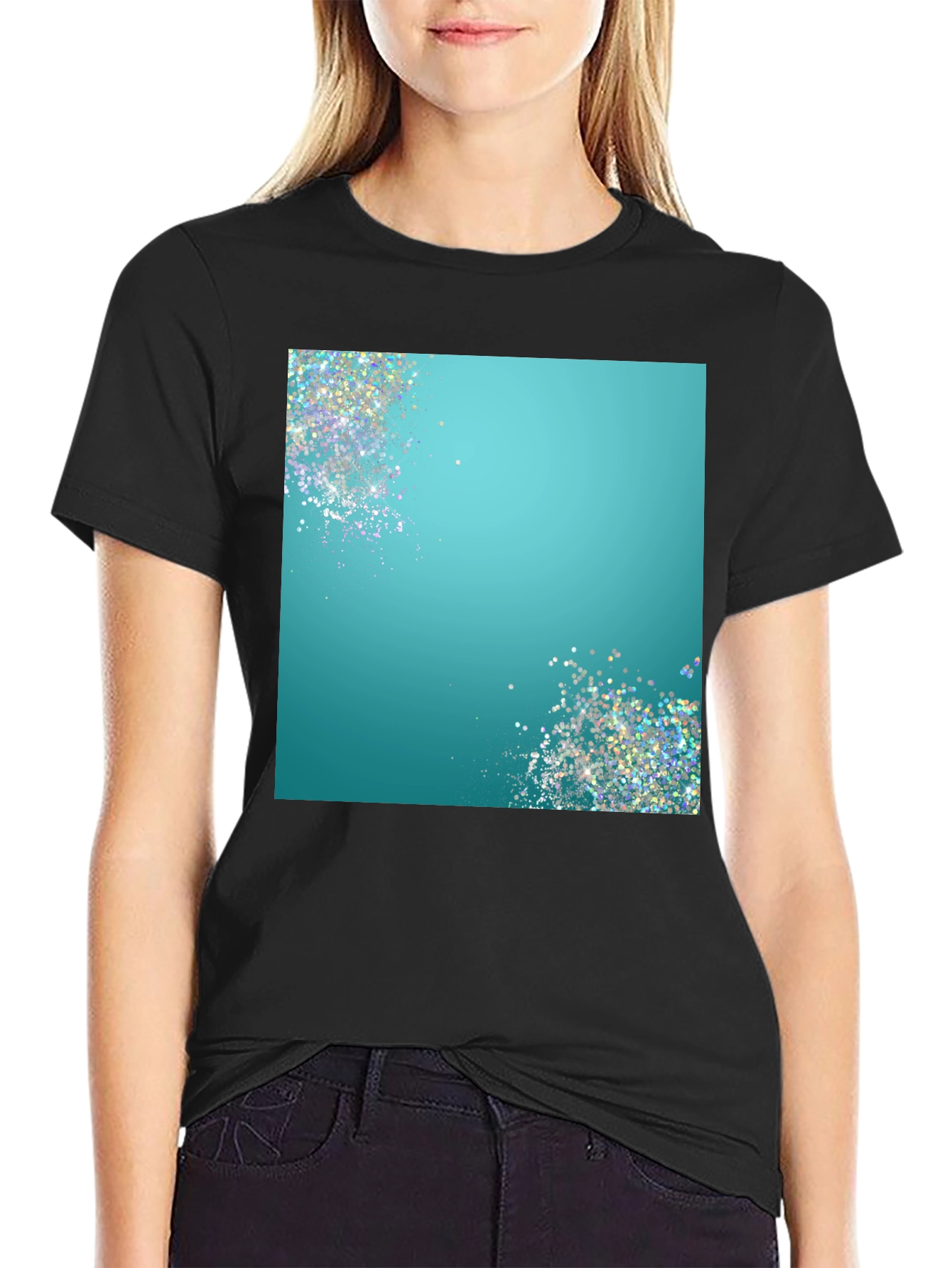 Teal Sparkle Graphic Black T-Shirt