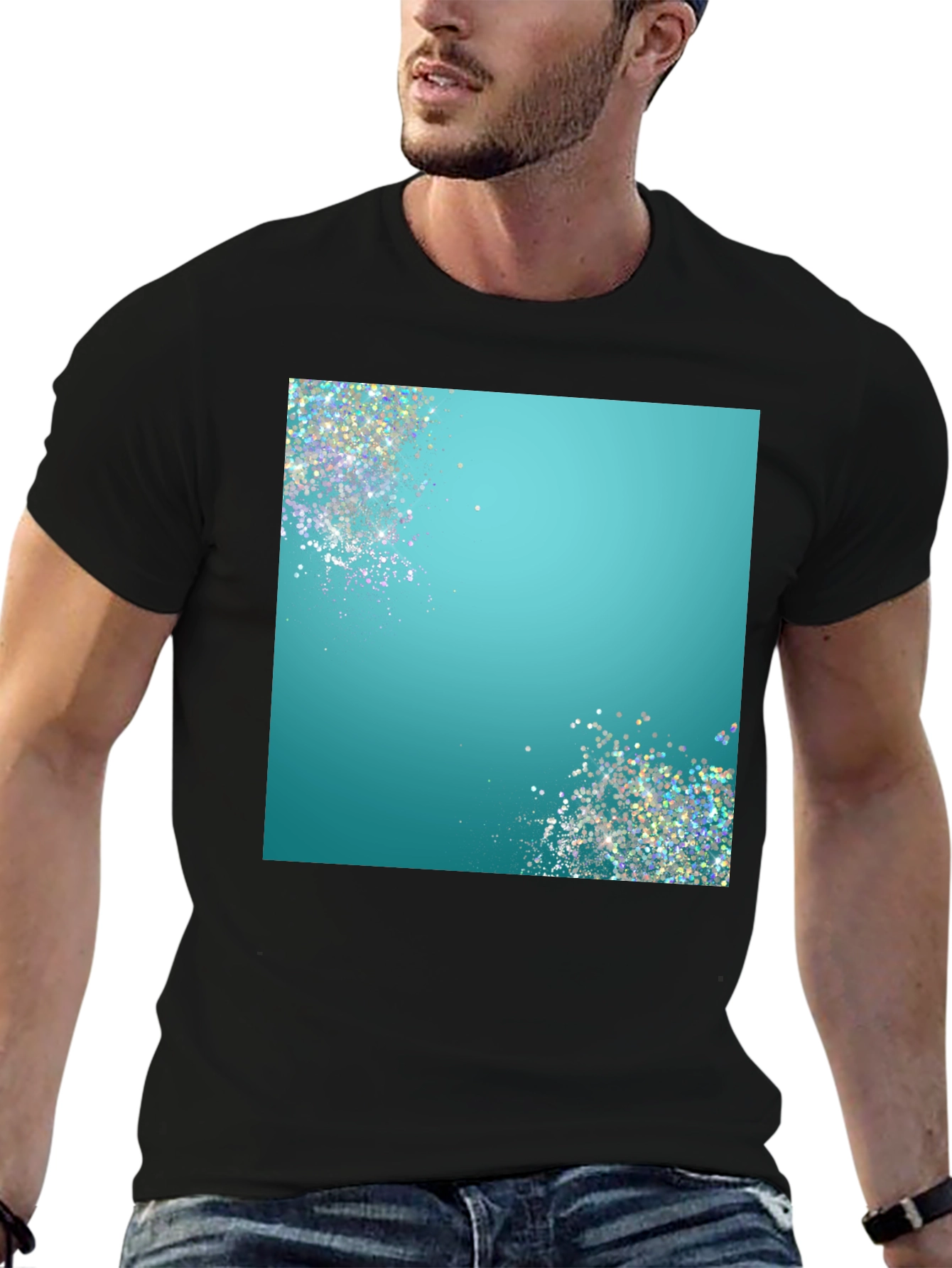 Teal Sparkle Graphic Black T-Shirt
