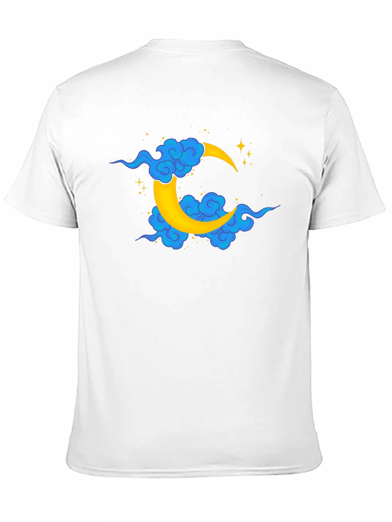 Black T-Shirt with Crescent Moon and Clouds Design