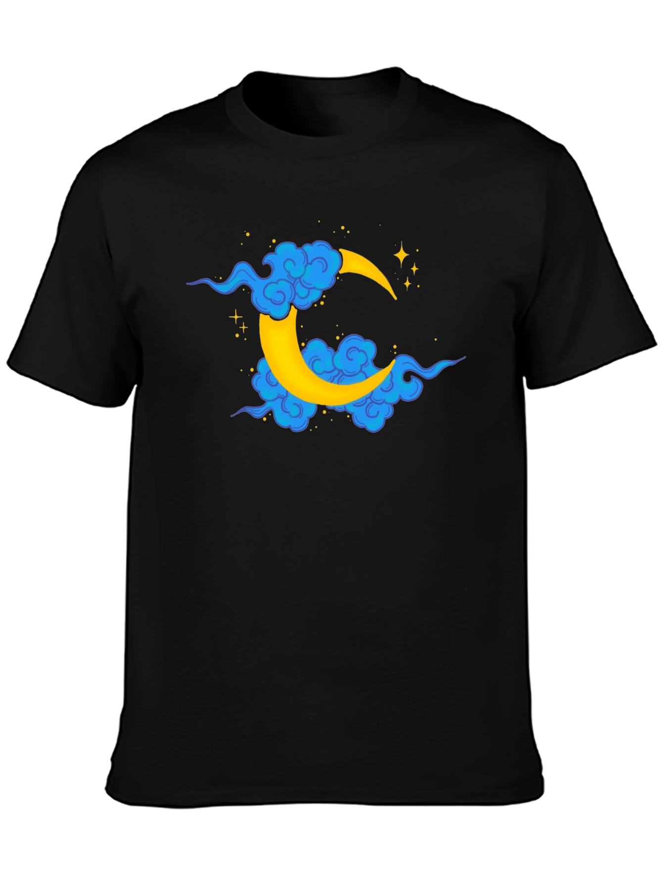 Black T-Shirt with Crescent Moon and Clouds Design
