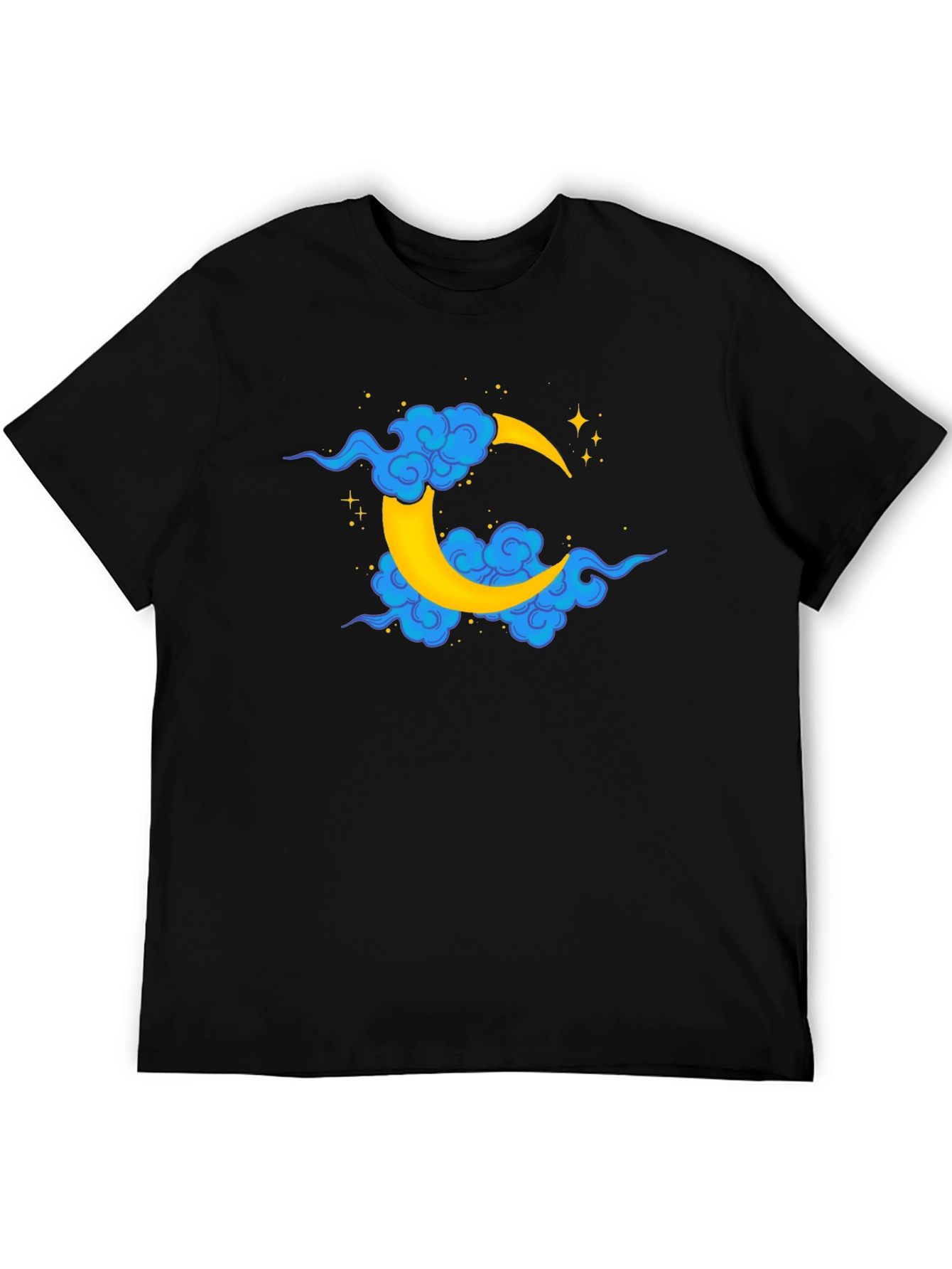Black T-Shirt with Crescent Moon and Clouds Design