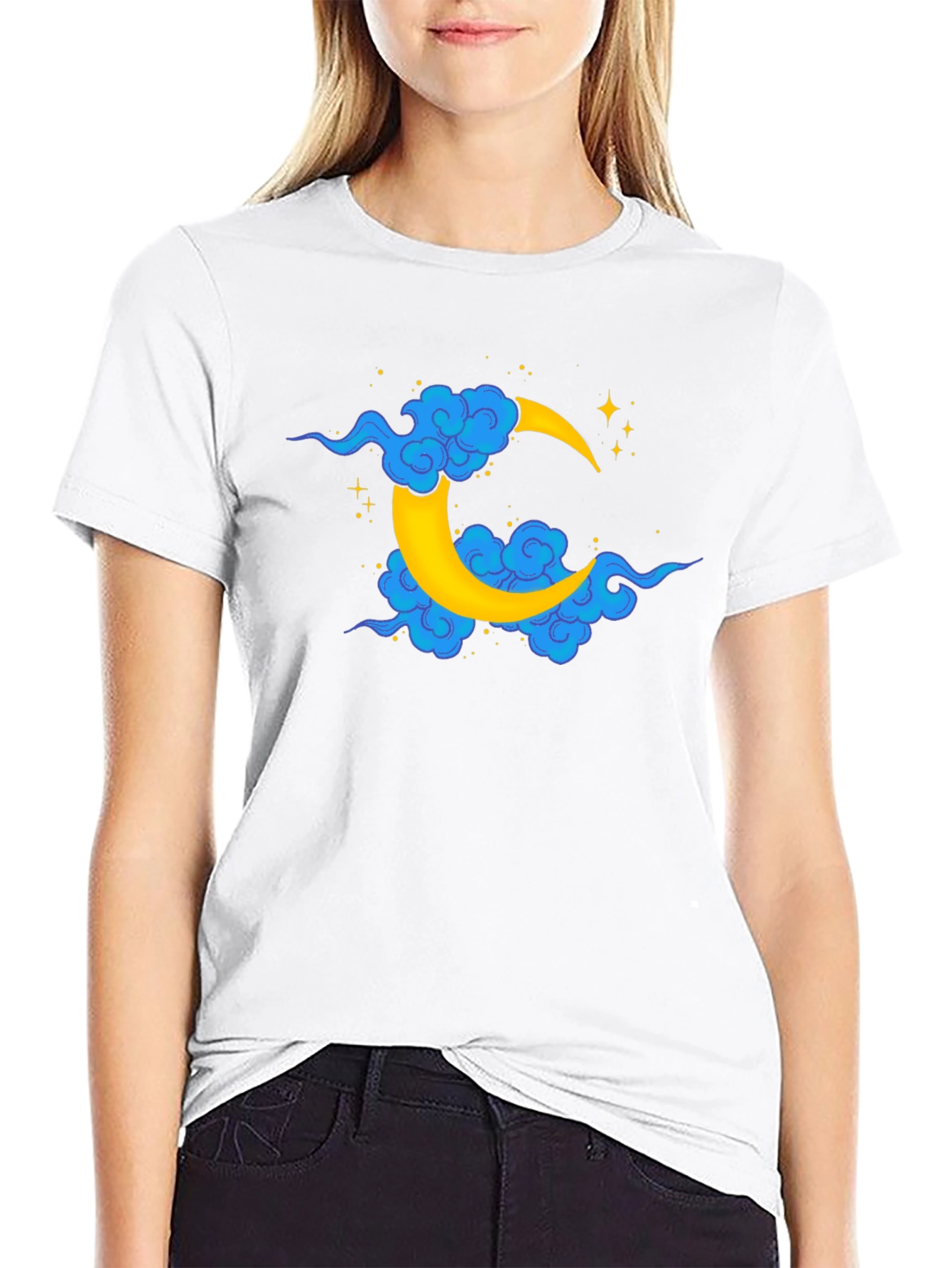 Black T-Shirt with Crescent Moon and Clouds Design