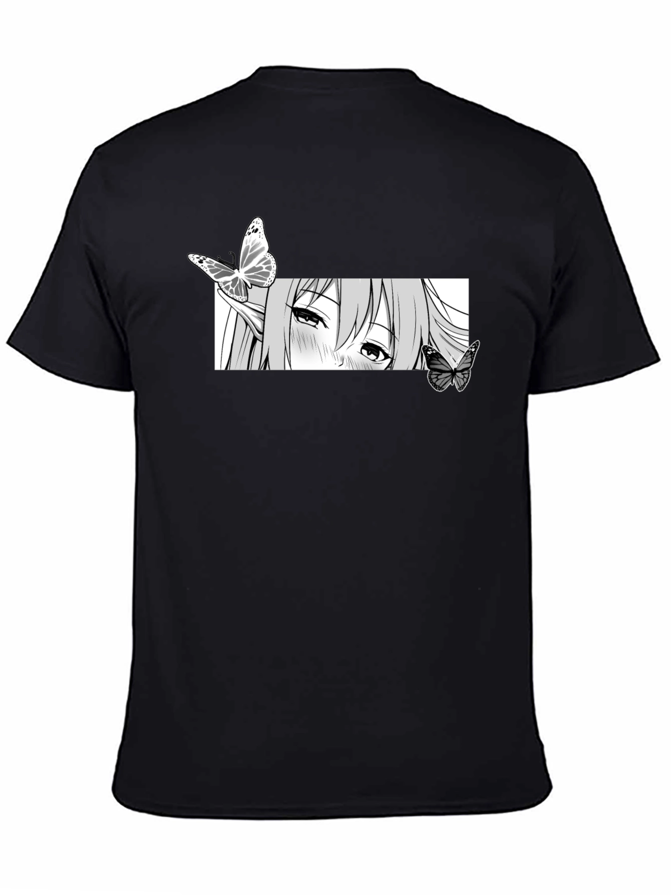 Anime Girl Butterfly Graphic Tee - Black
