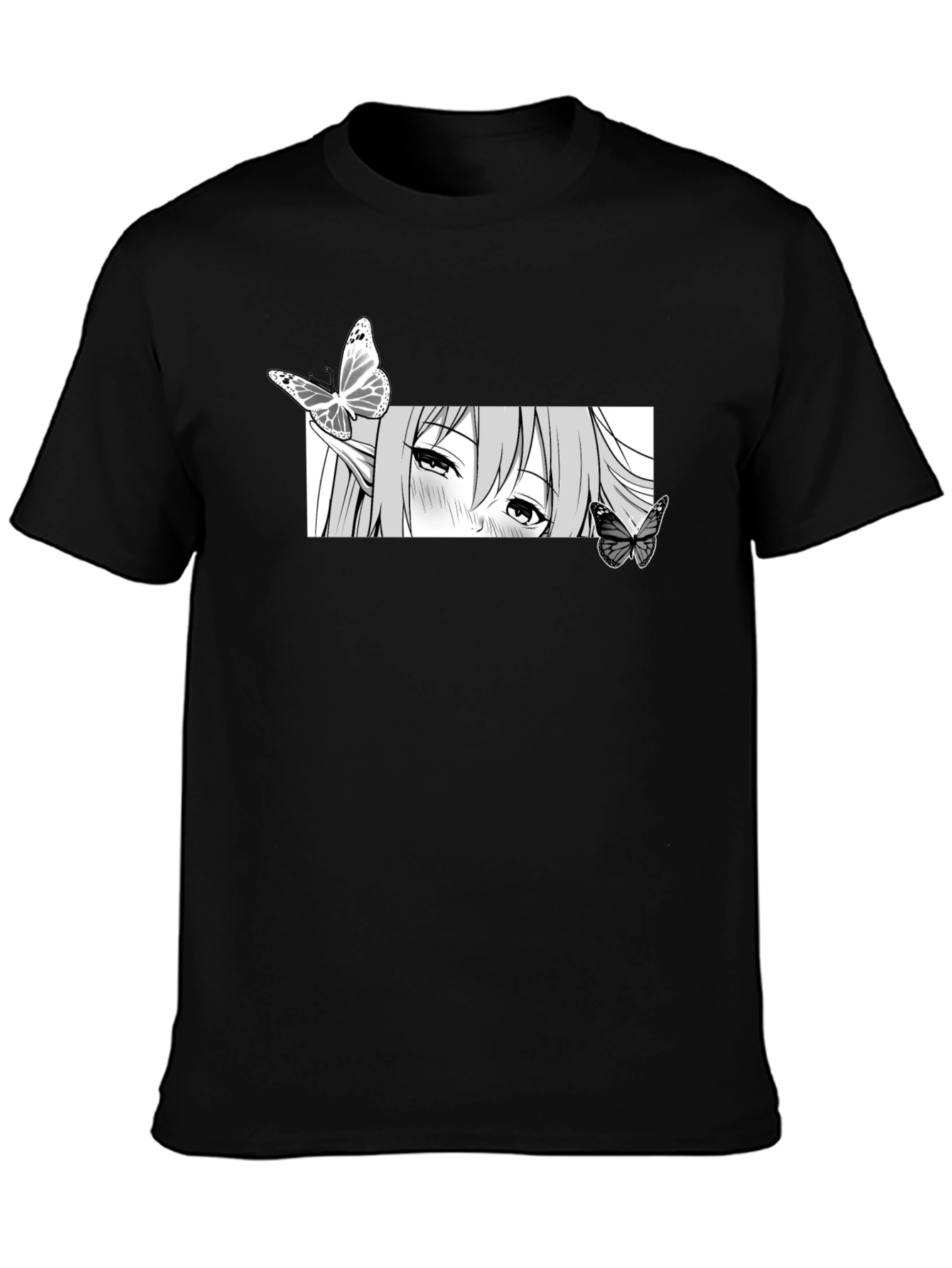 Anime Girl Butterfly Graphic Tee - Black