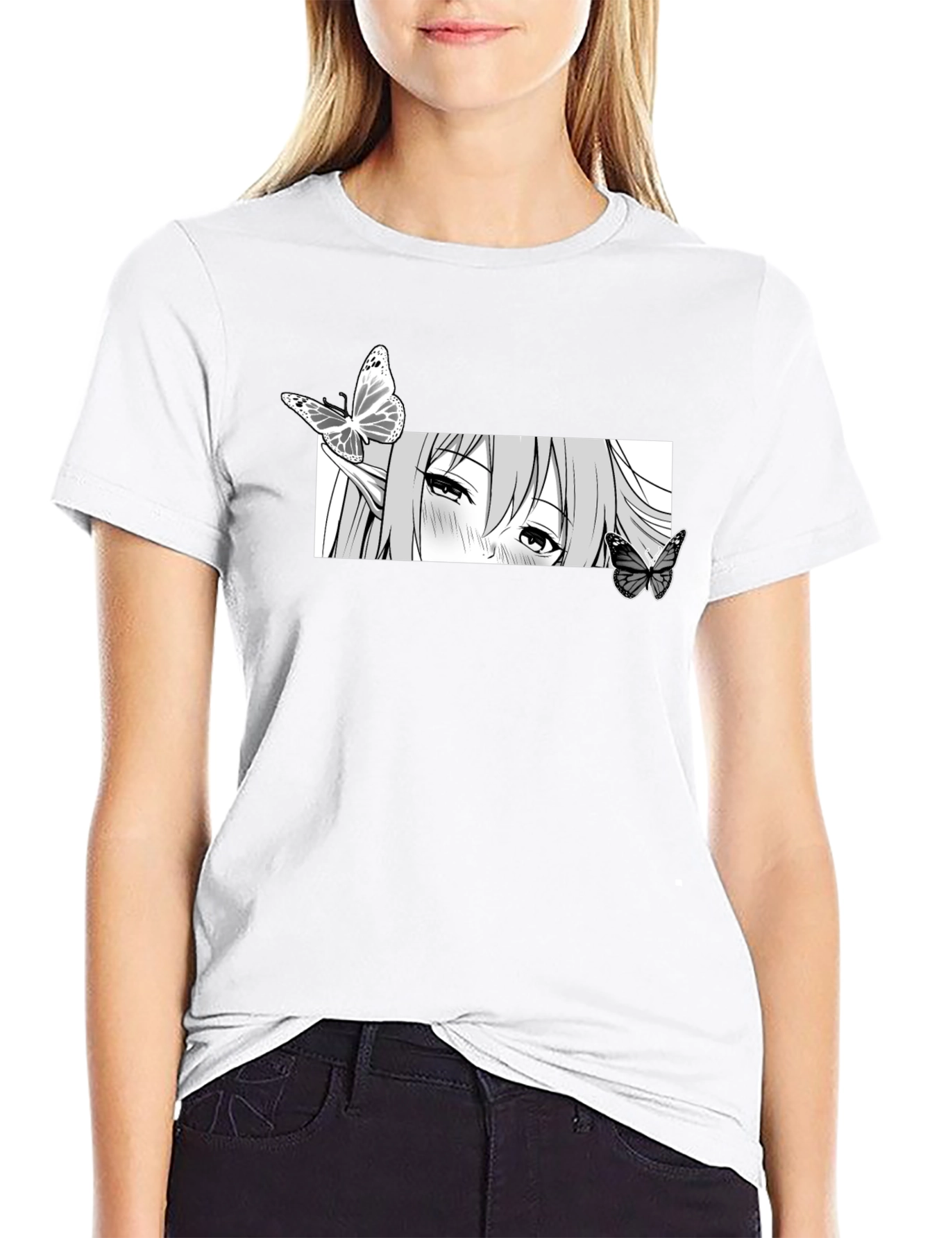 Anime Girl Butterfly Graphic Tee - Black