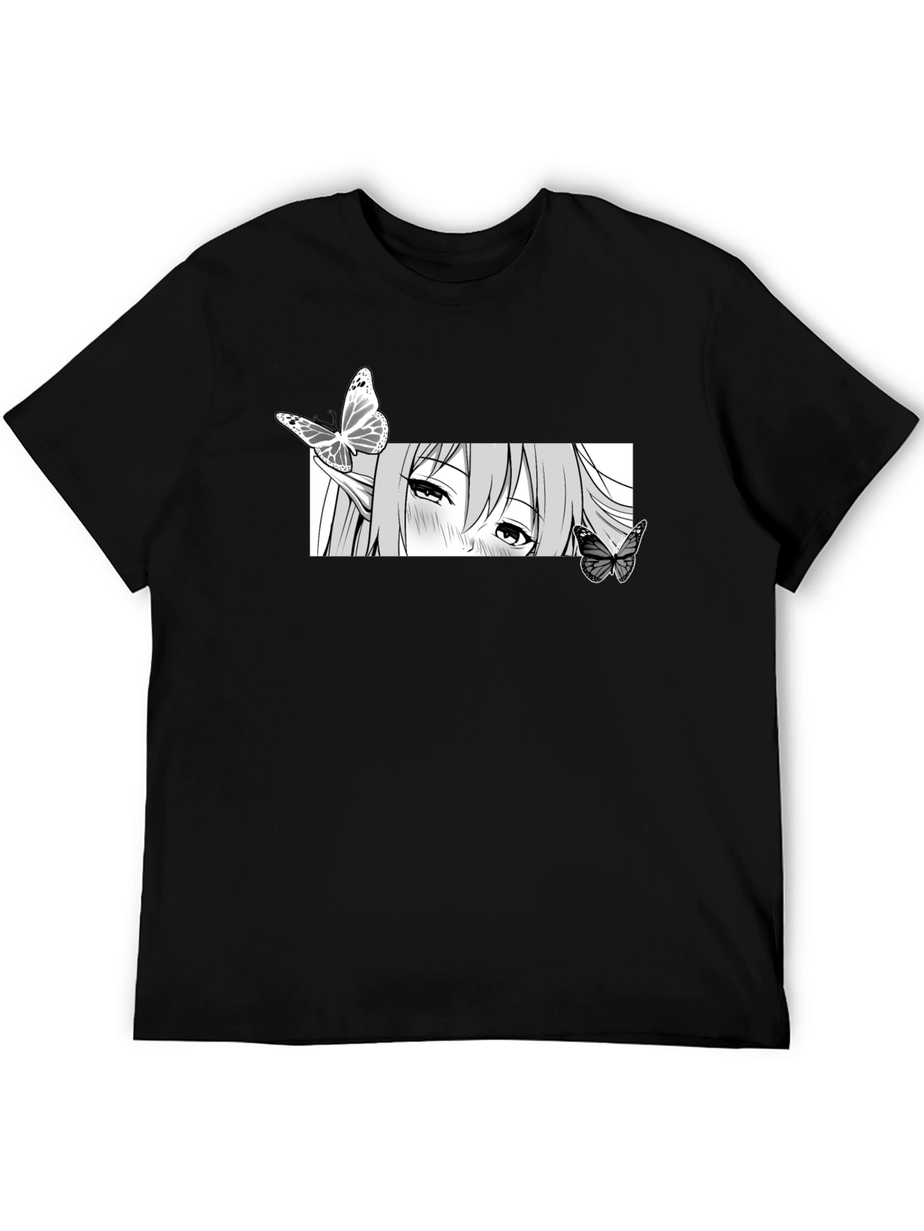 Anime Girl Butterfly Graphic Tee - Black