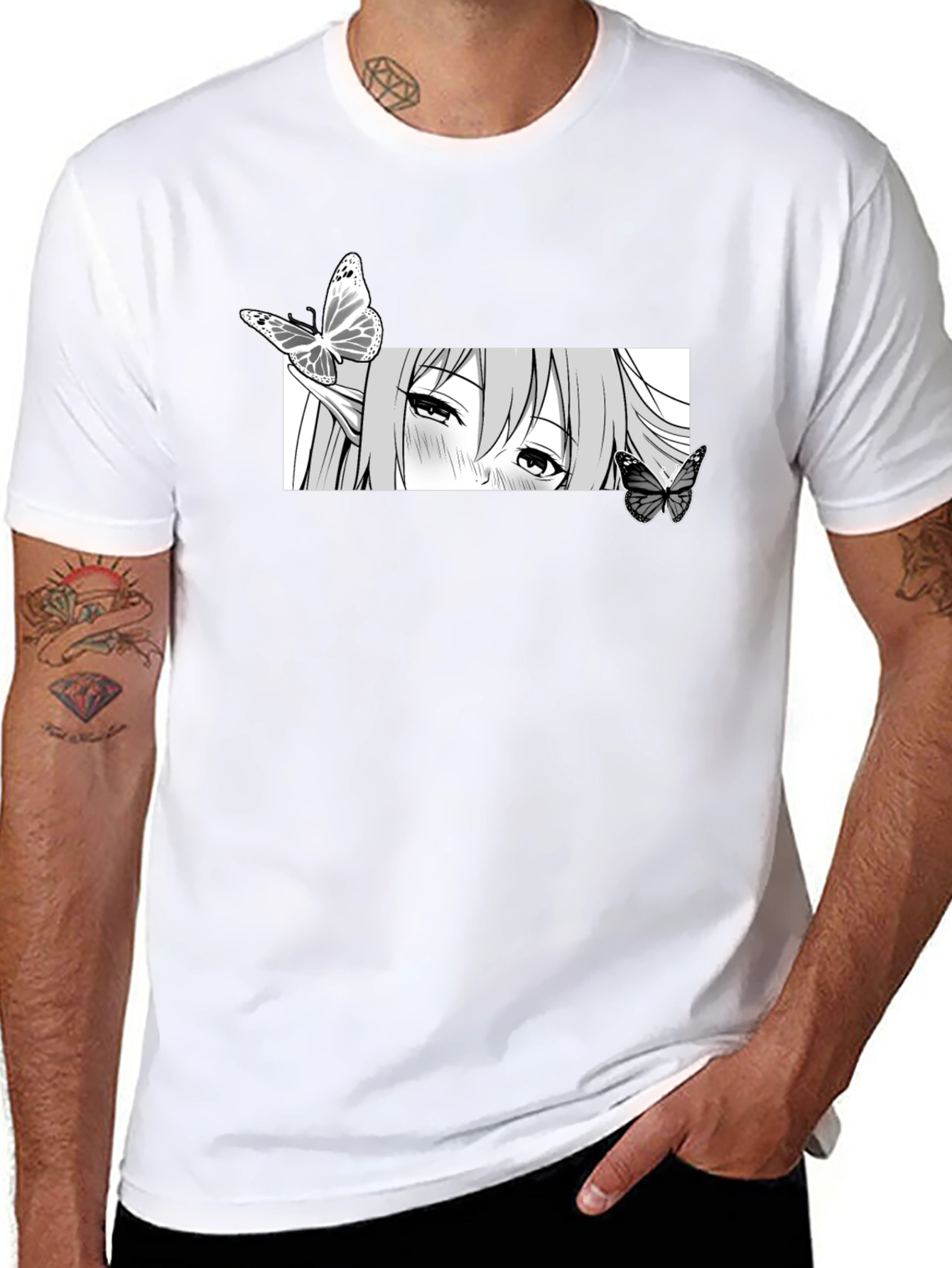 Anime Girl Butterfly Graphic Tee - Black