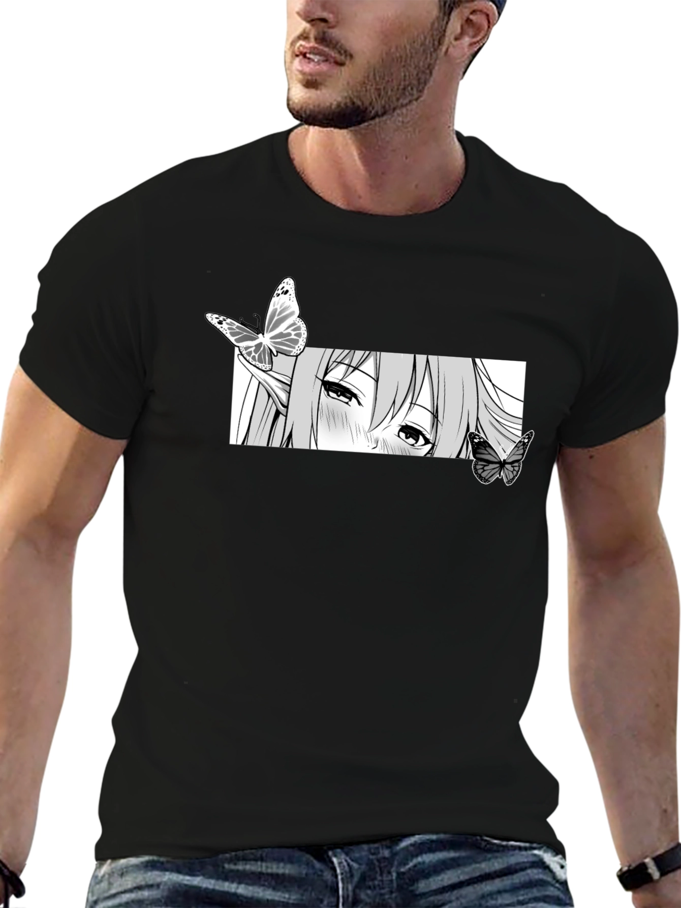 Anime Girl Butterfly Graphic Tee - Black