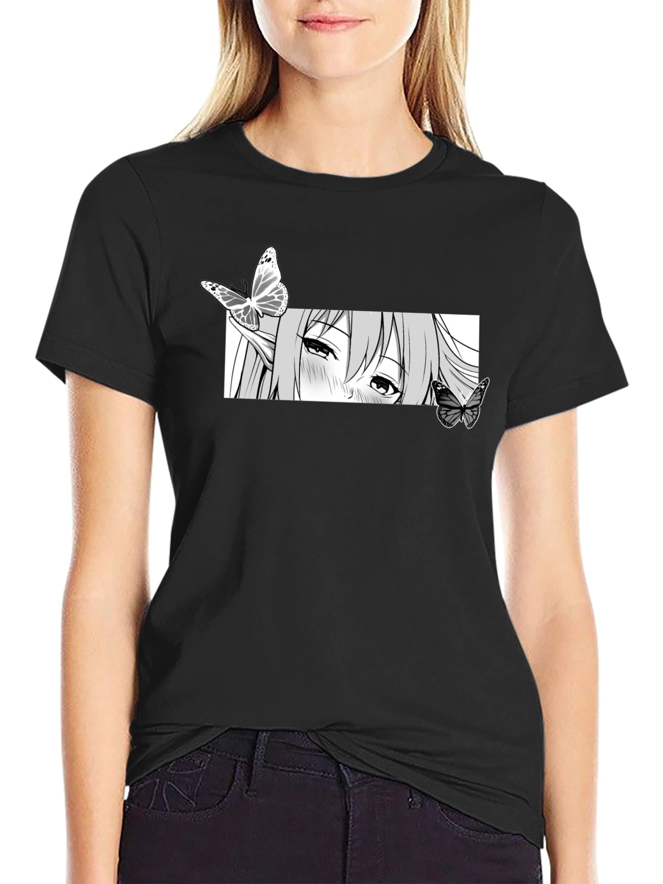 Anime Girl Butterfly Graphic Tee - Black