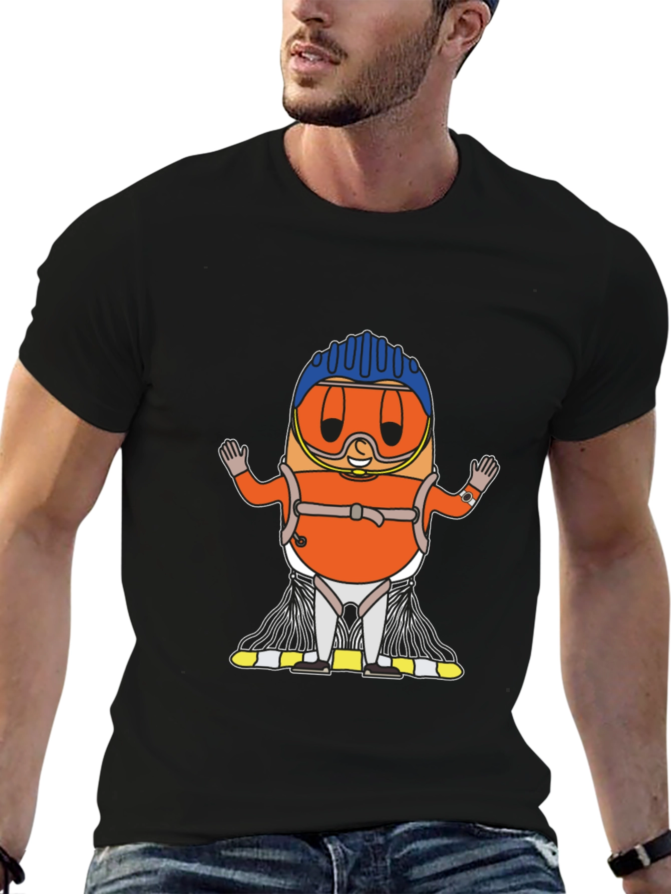 Skydiver Cartoon T-Shirt - Black Cotton Tee