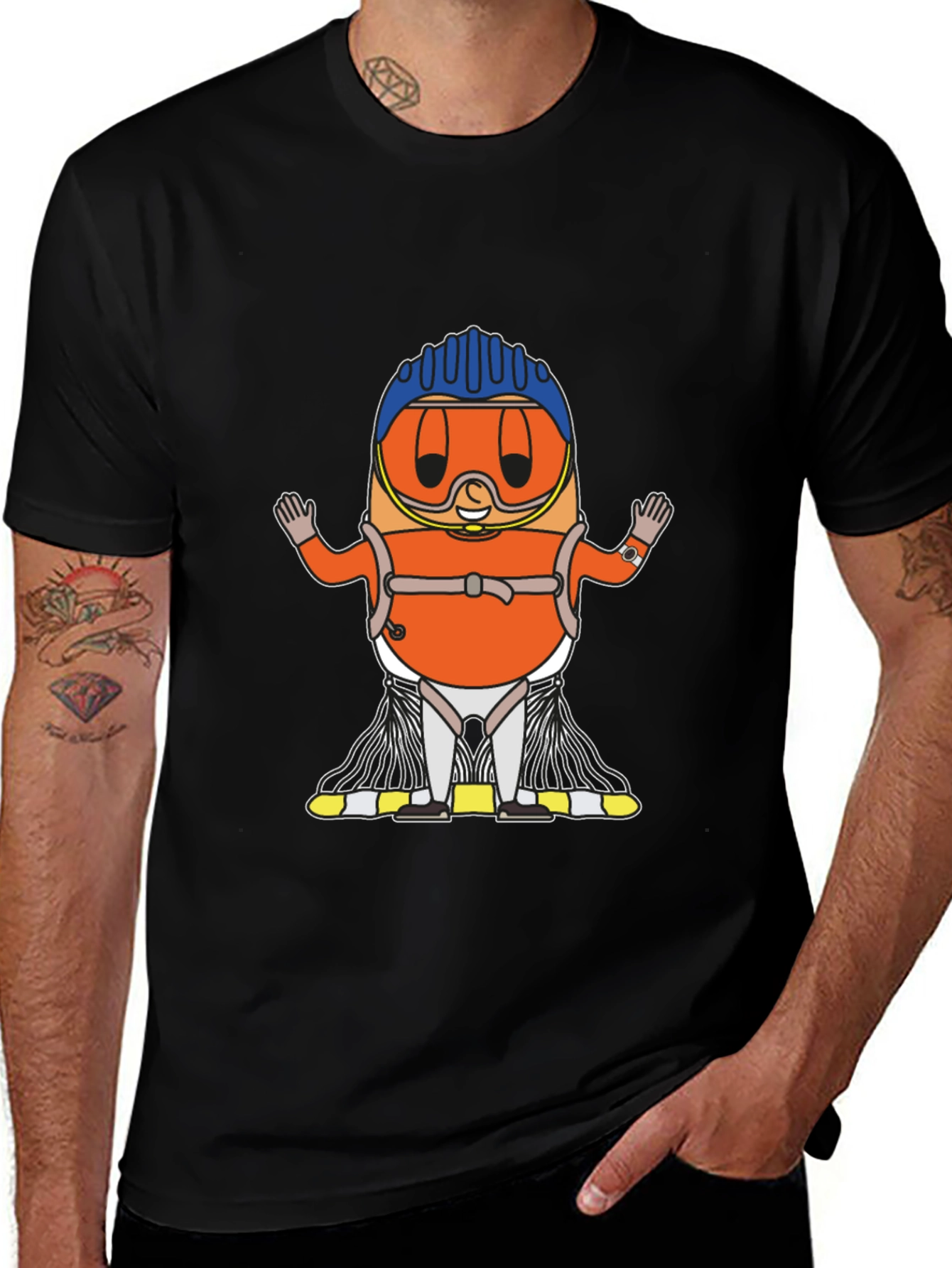 Skydiver Cartoon T-Shirt - Black Cotton Tee