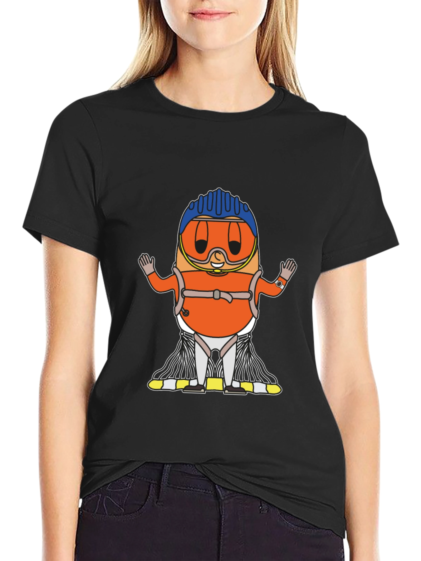 Skydiver Cartoon T-Shirt - Black Cotton Tee