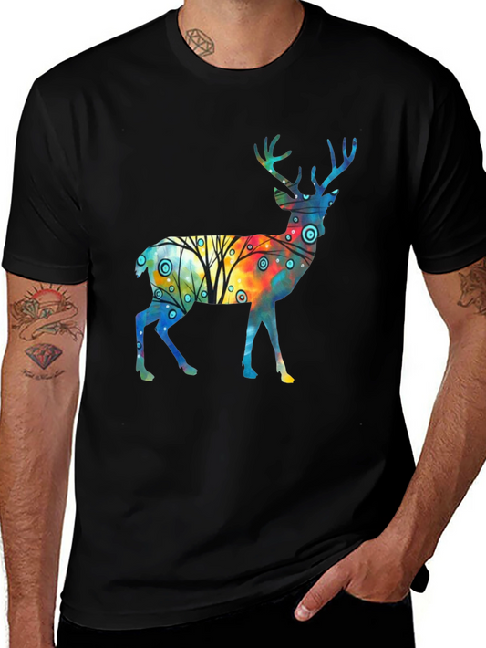 Watercolor Deer Graphic Tee - Stylish Black T-Shirt