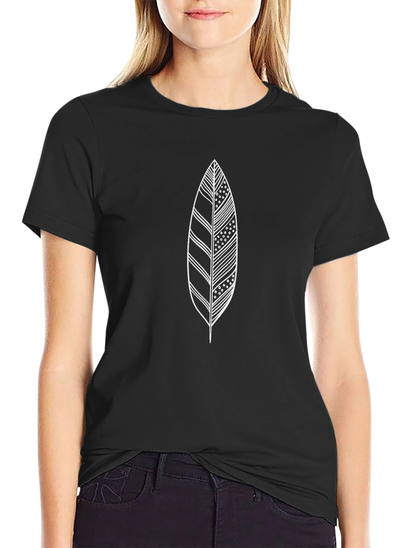 Black T-Shirt with Feather Design
