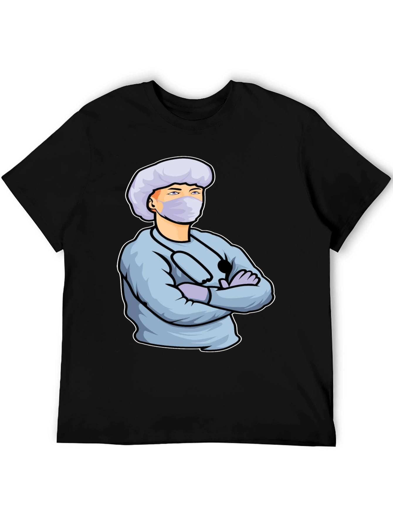 Cartoon Doctor Graphic Print Black T-Shirt