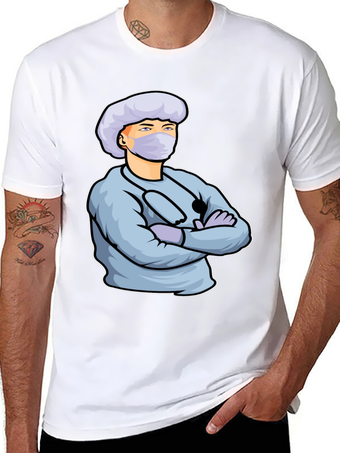 Cartoon Doctor Graphic Print Black T-Shirt