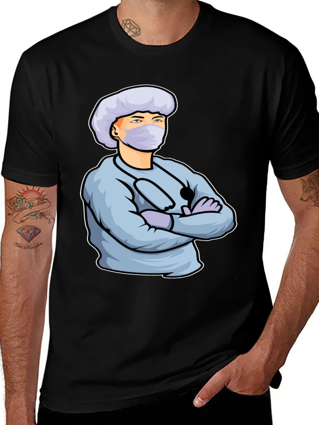 Cartoon Doctor Graphic Print Black T-Shirt
