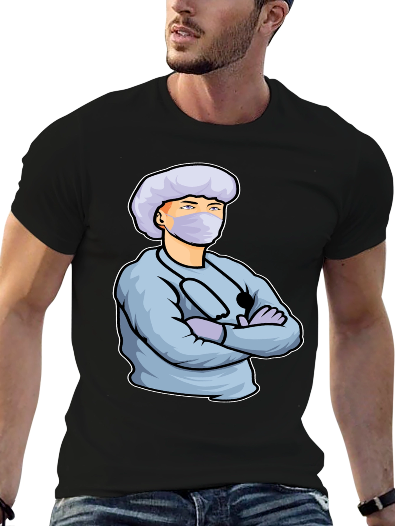 Cartoon Doctor Graphic Print Black T-Shirt