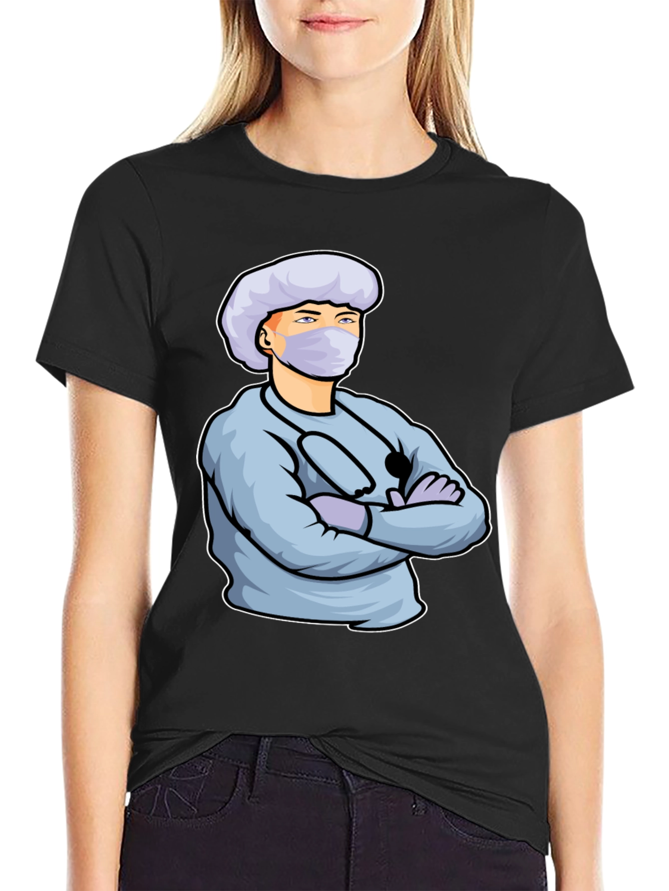 Cartoon Doctor Graphic Print Black T-Shirt