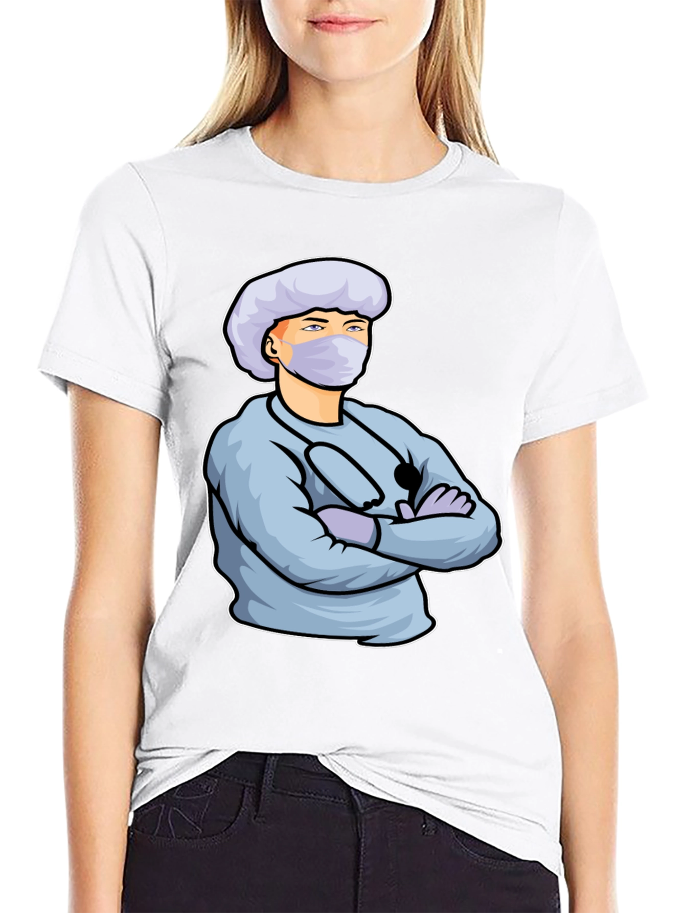 Cartoon Doctor Graphic Print Black T-Shirt