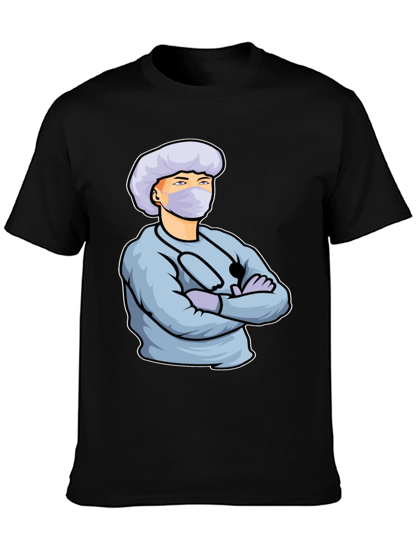 Cartoon Doctor Graphic Print Black T-Shirt