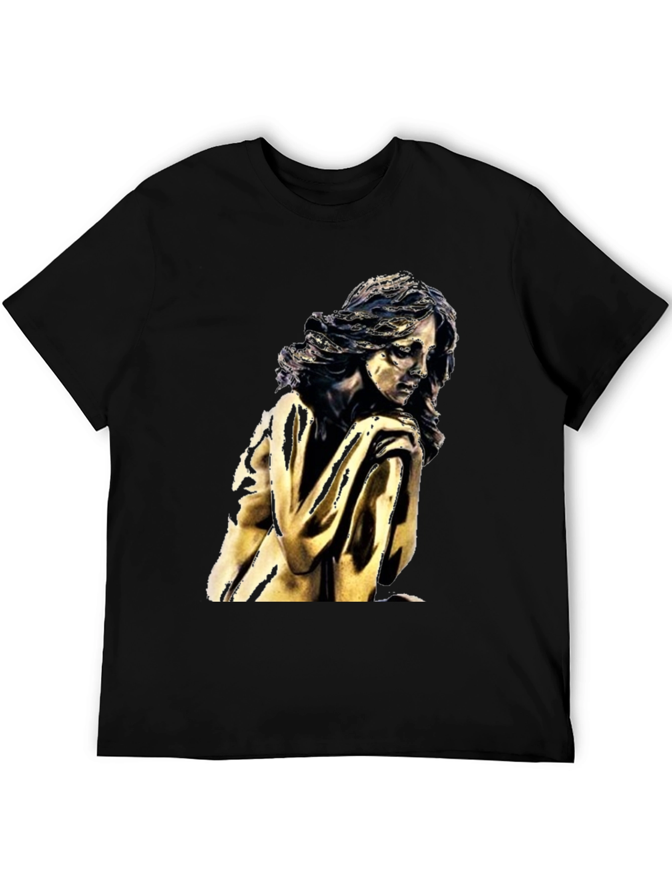 Black T-Shirt with Golden Statue Graphic