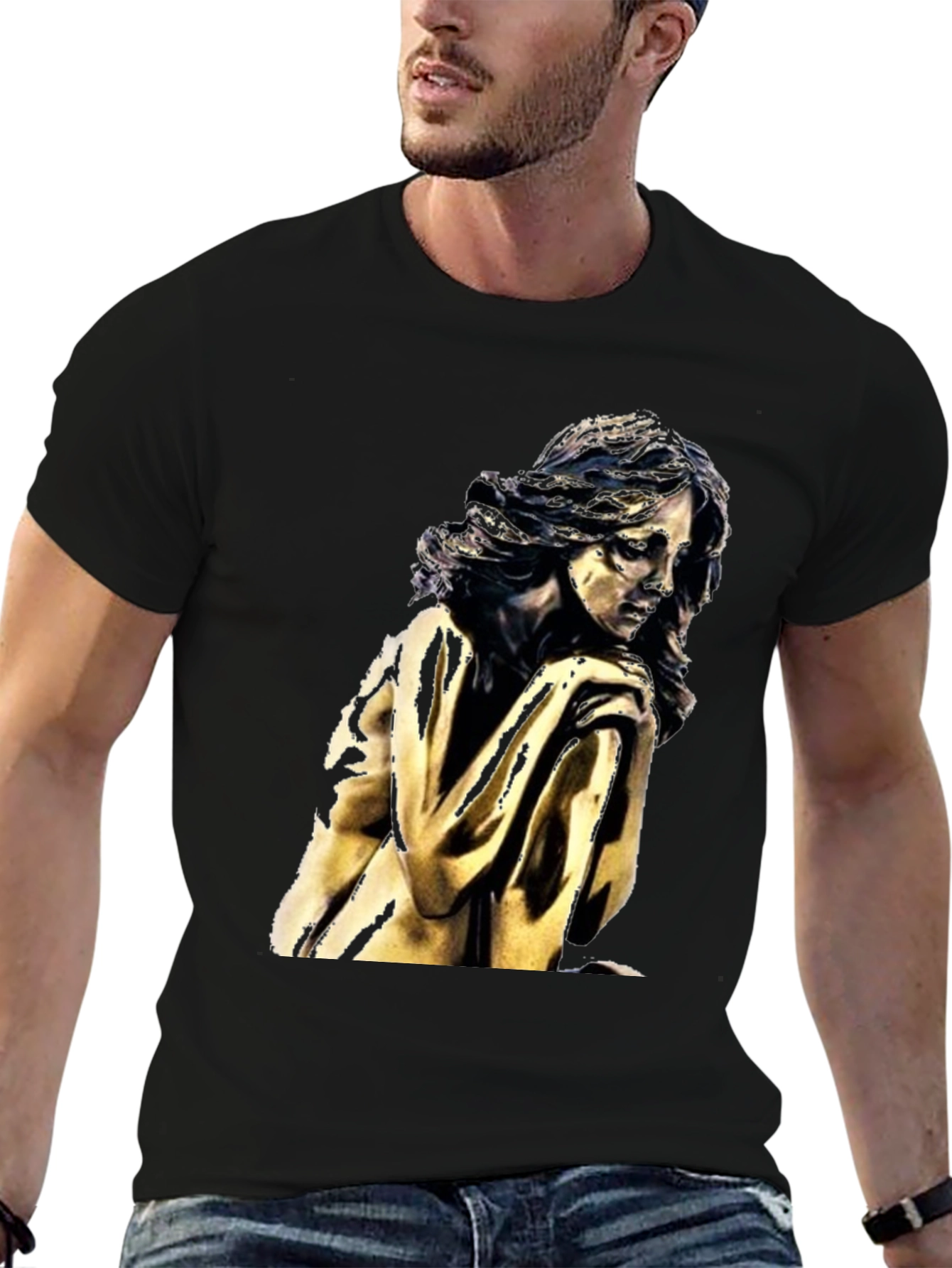 Black T-Shirt with Golden Statue Graphic