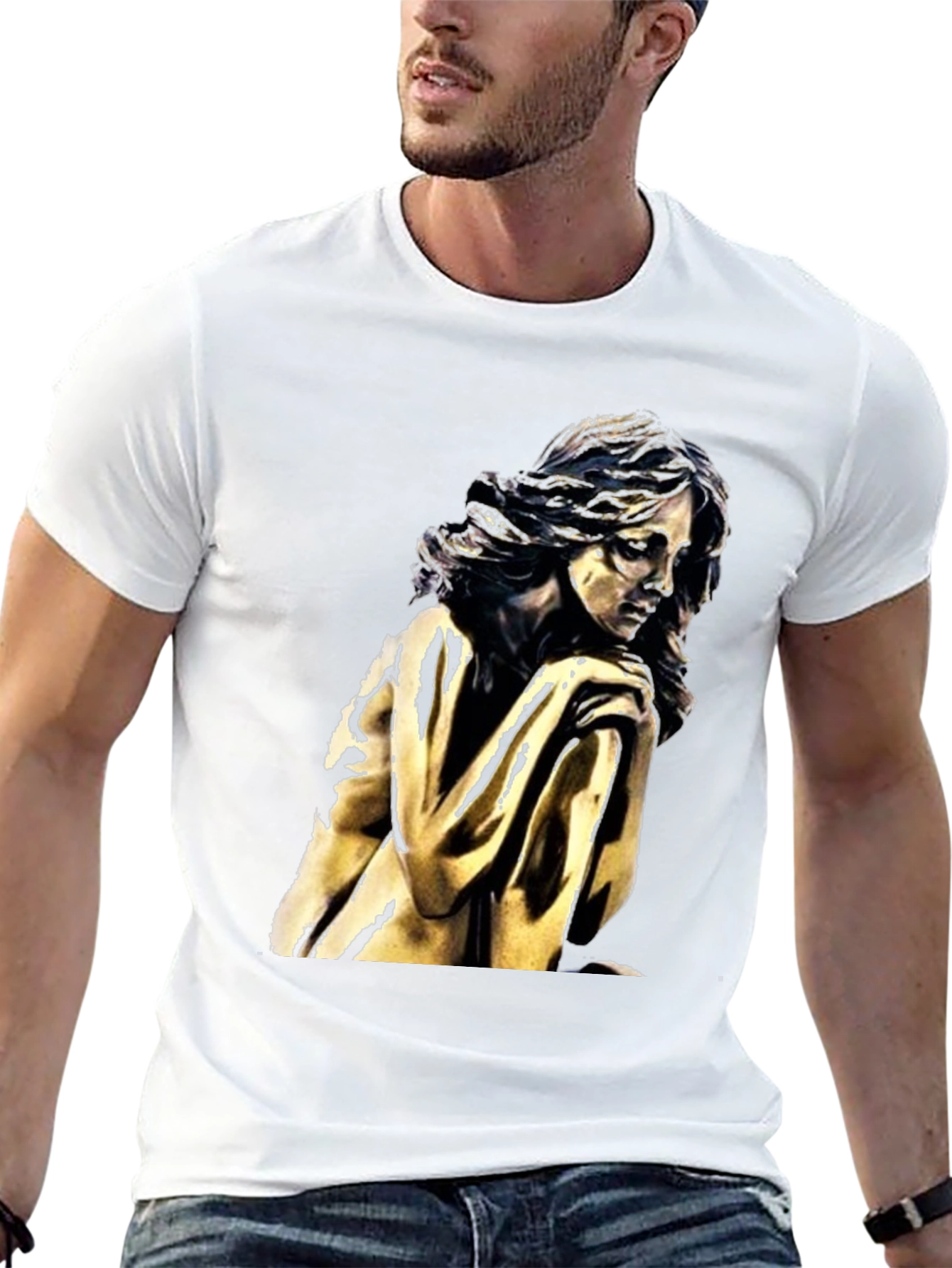 Black T-Shirt with Golden Statue Graphic