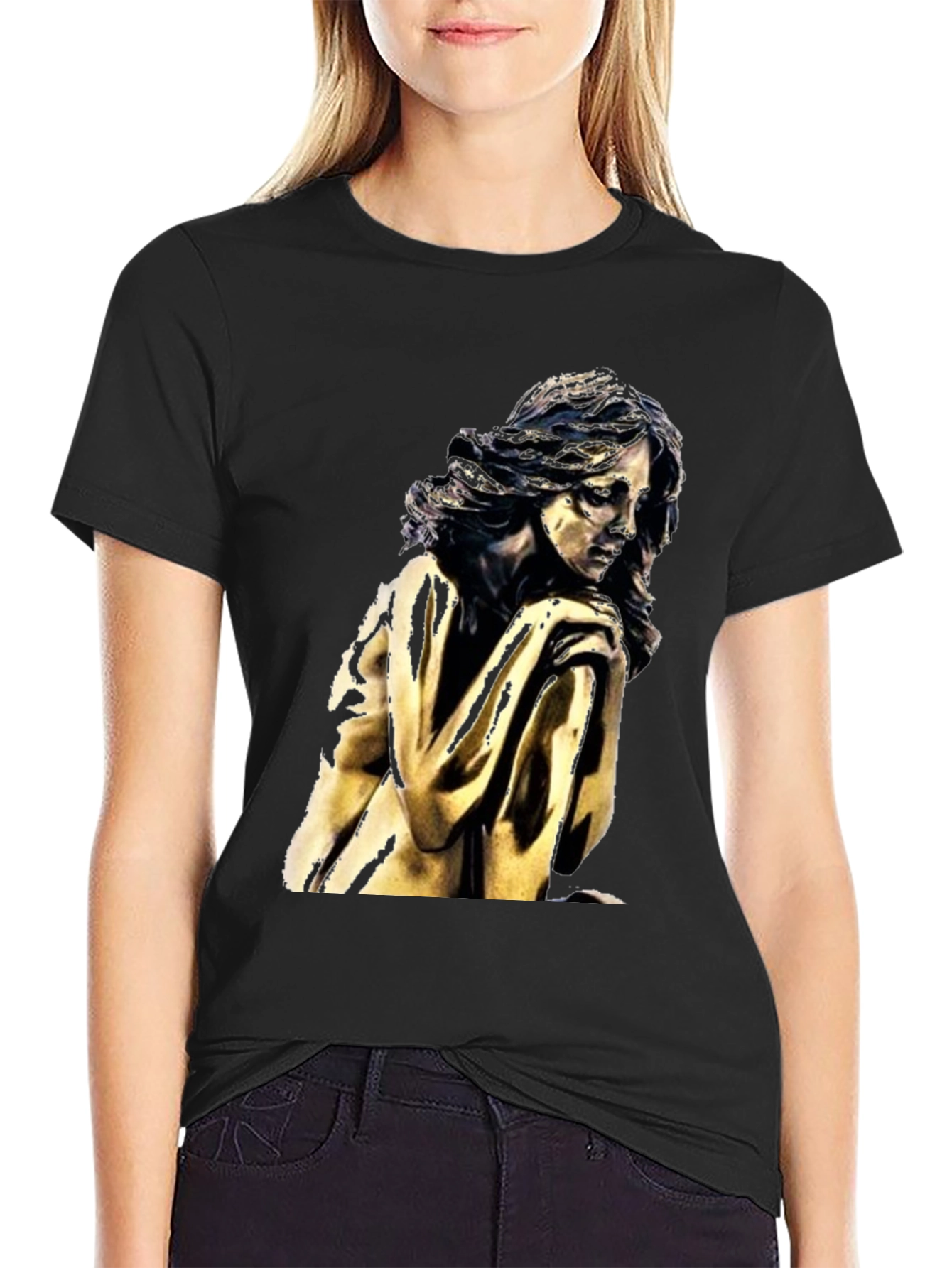 Black T-Shirt with Golden Statue Graphic