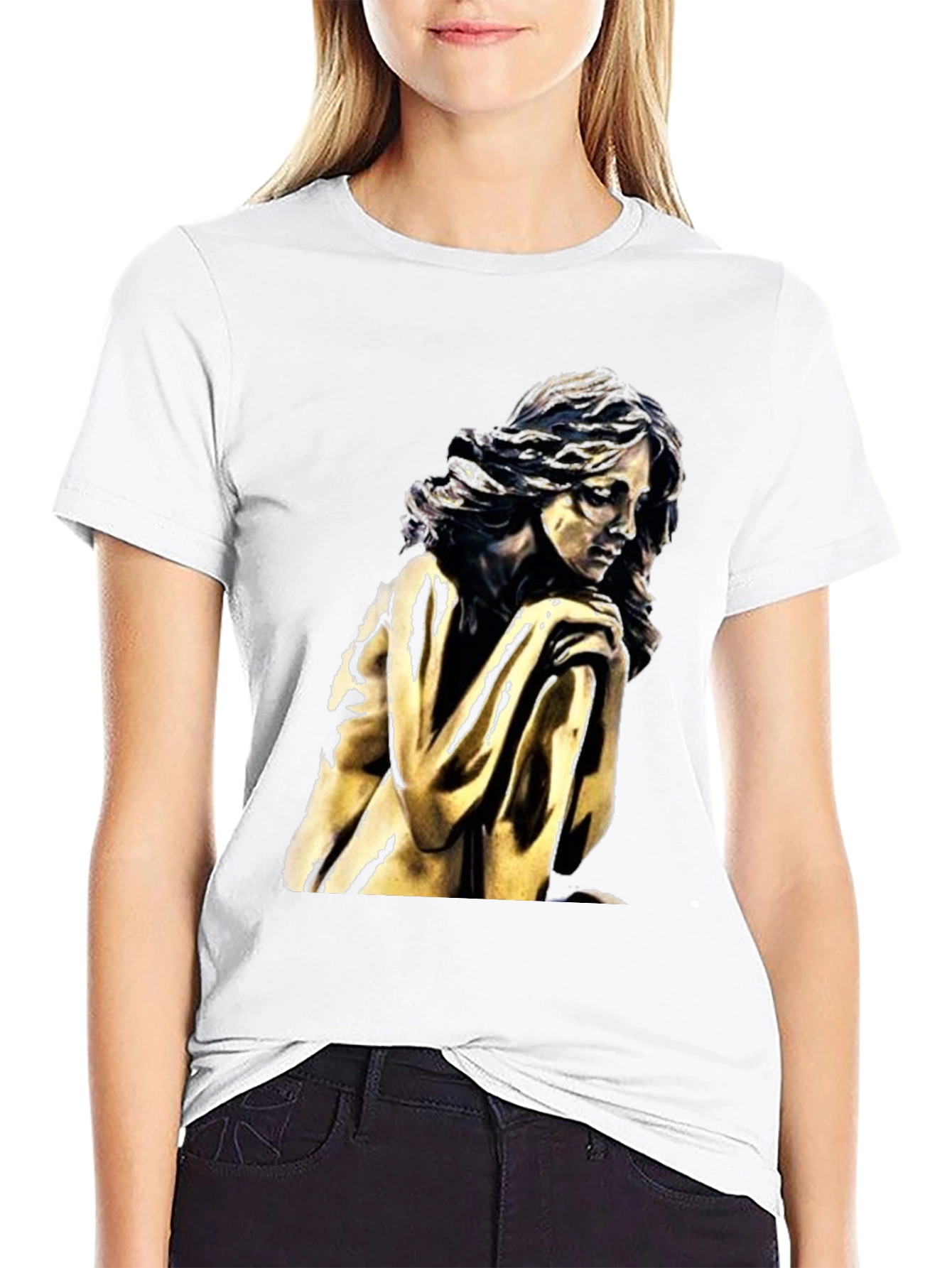 Black T-Shirt with Golden Statue Graphic
