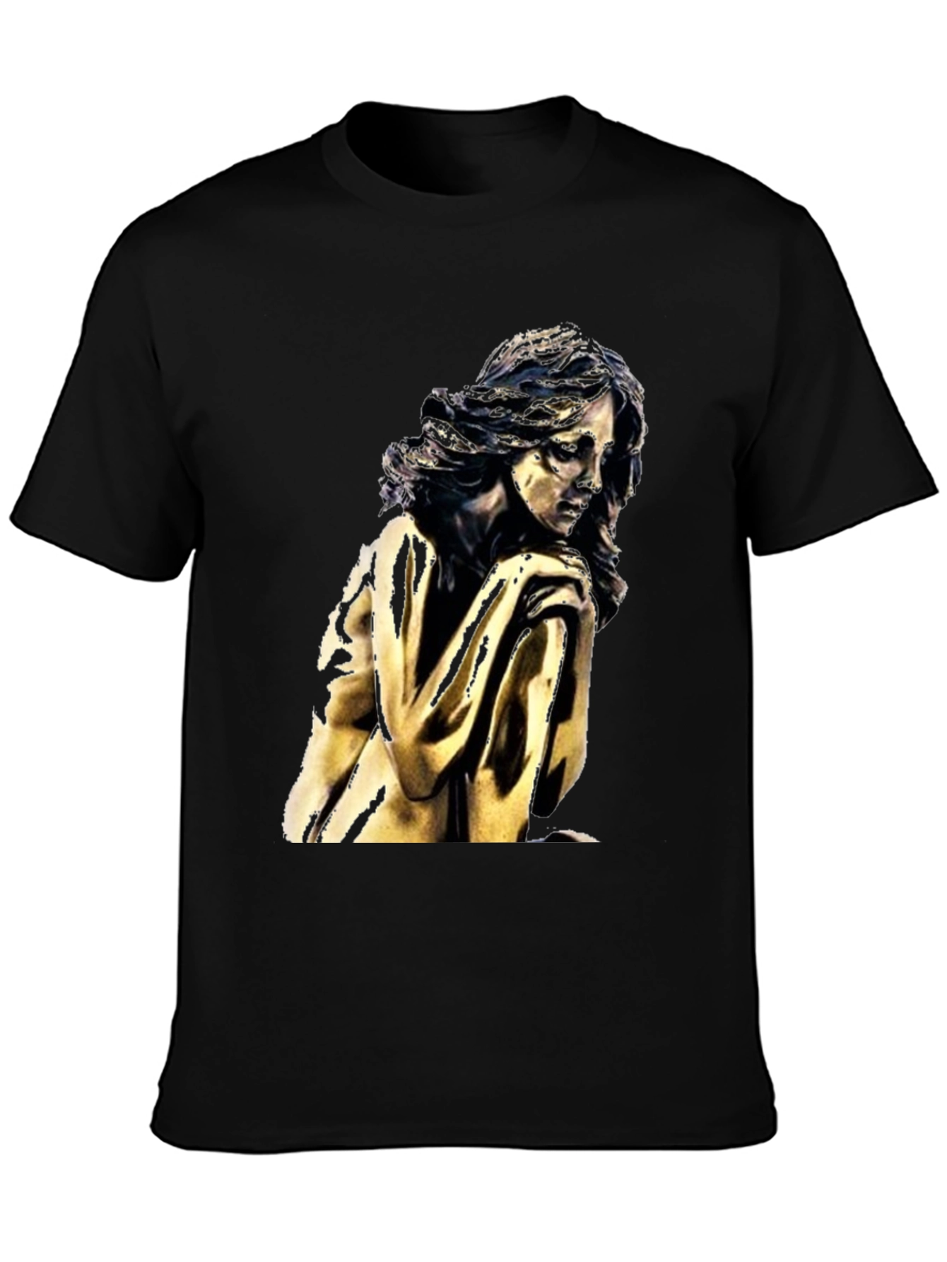 Black T-Shirt with Golden Statue Graphic