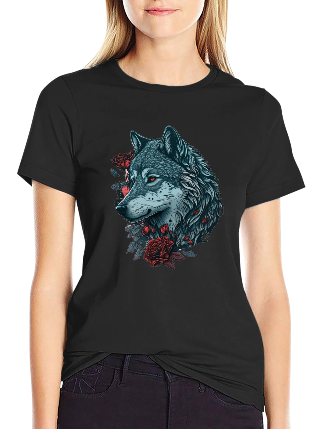 Wolf and Roses Graphic Tee - Black