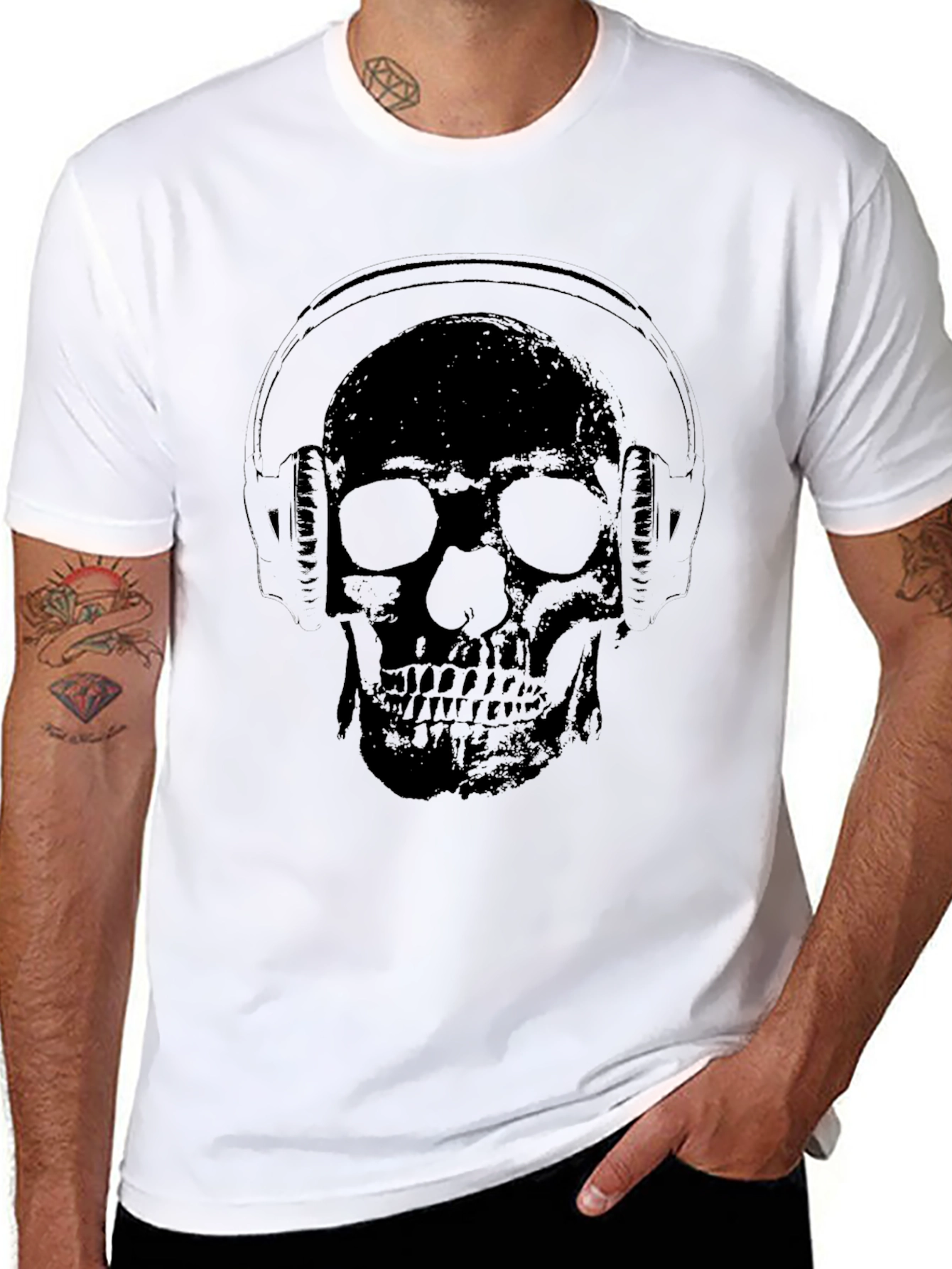Skull Wearing Headphones Graphic Tee - Black