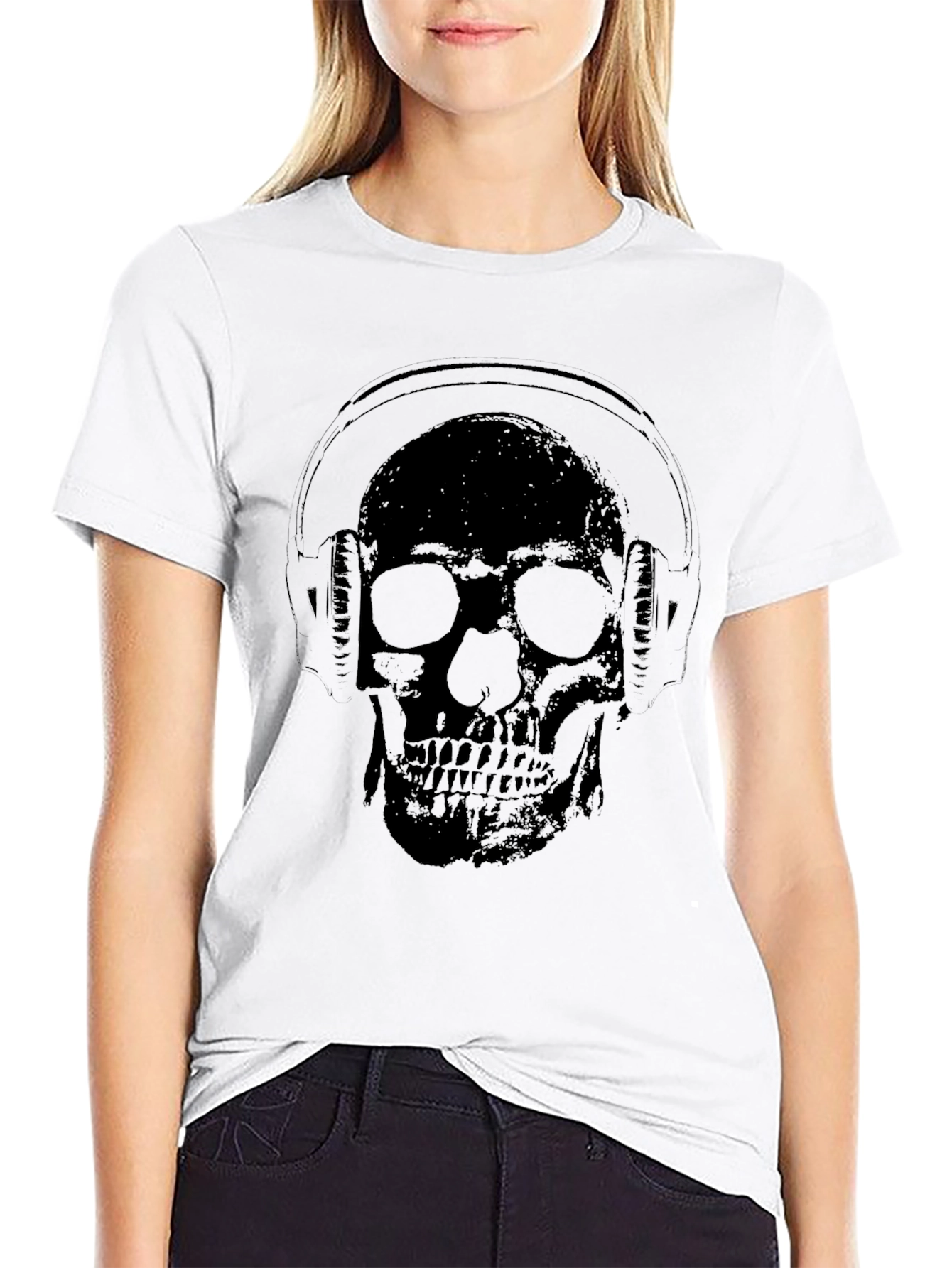 Skull Wearing Headphones Graphic Tee - Black