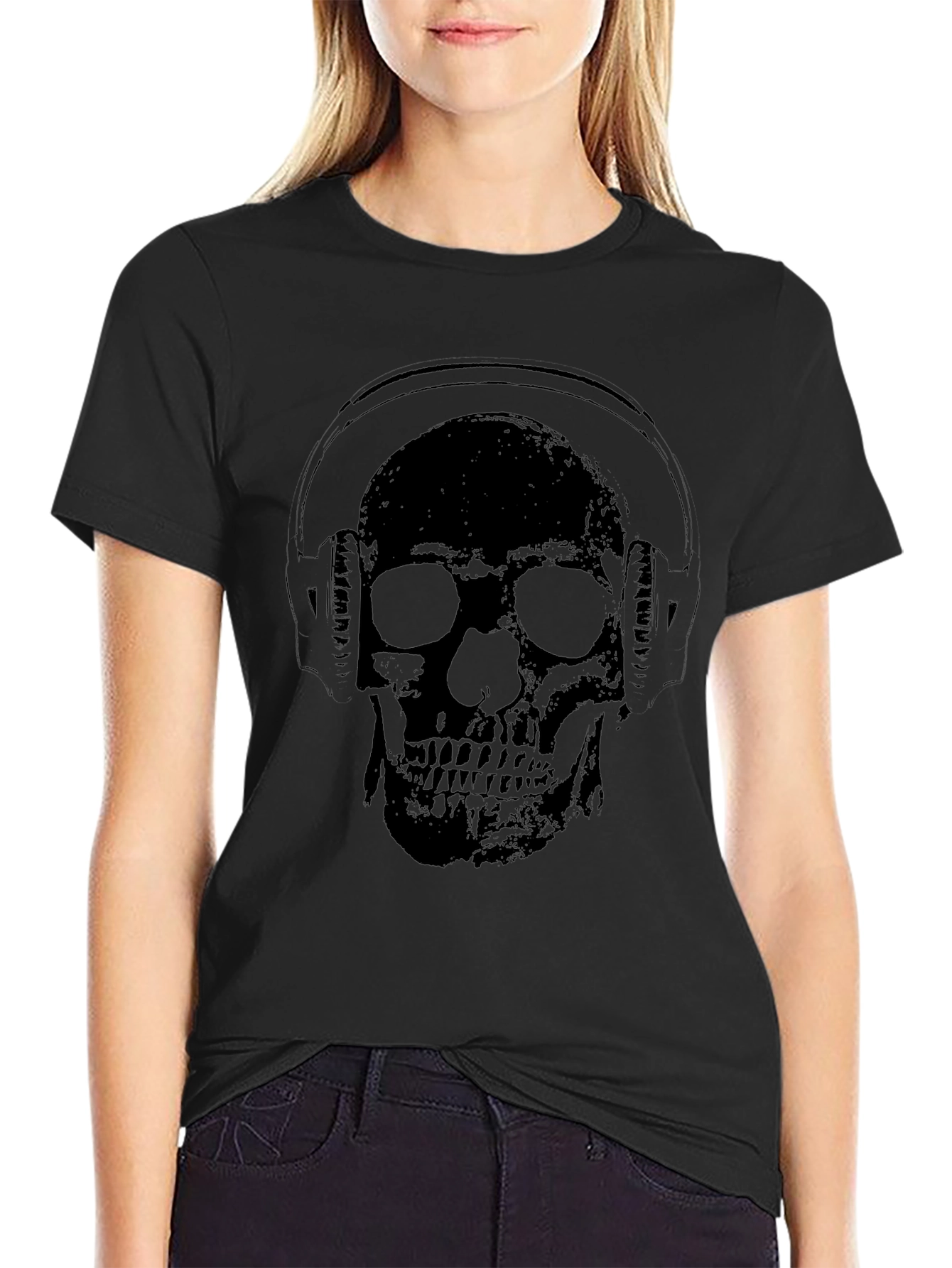 Skull Wearing Headphones Graphic Tee - Black