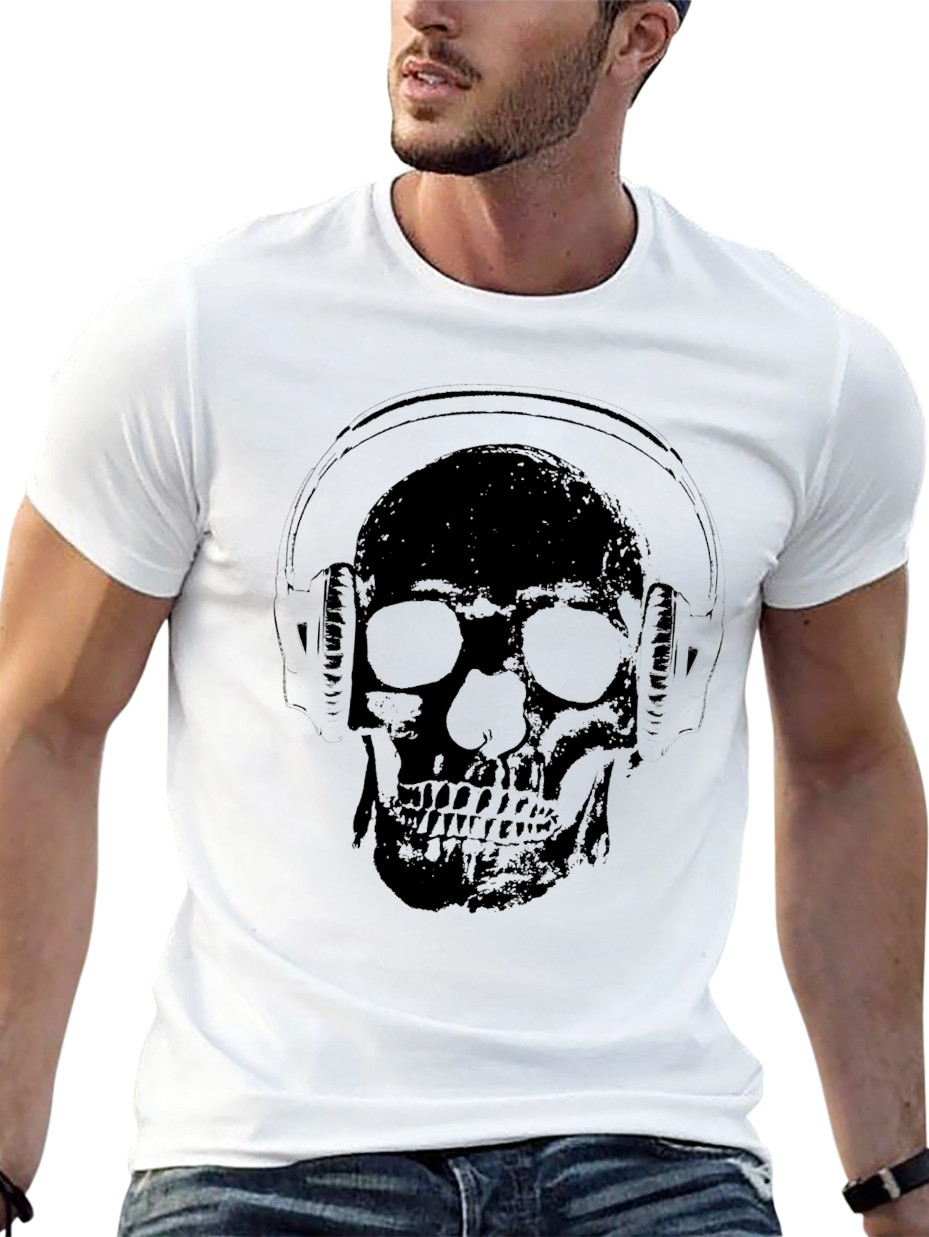 Skull Wearing Headphones Graphic Tee - Black