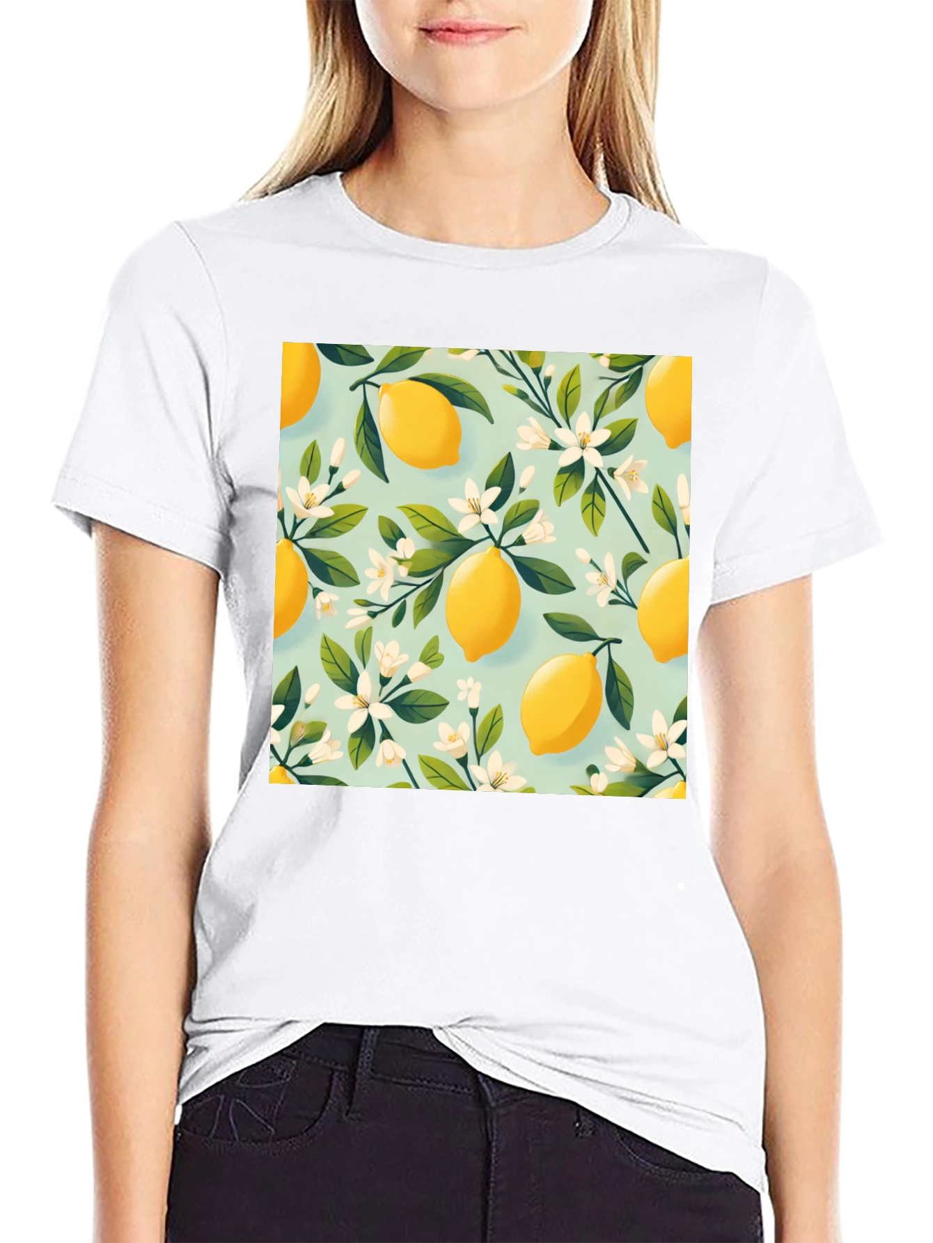 Lemon Blossom Print Black T-Shirt