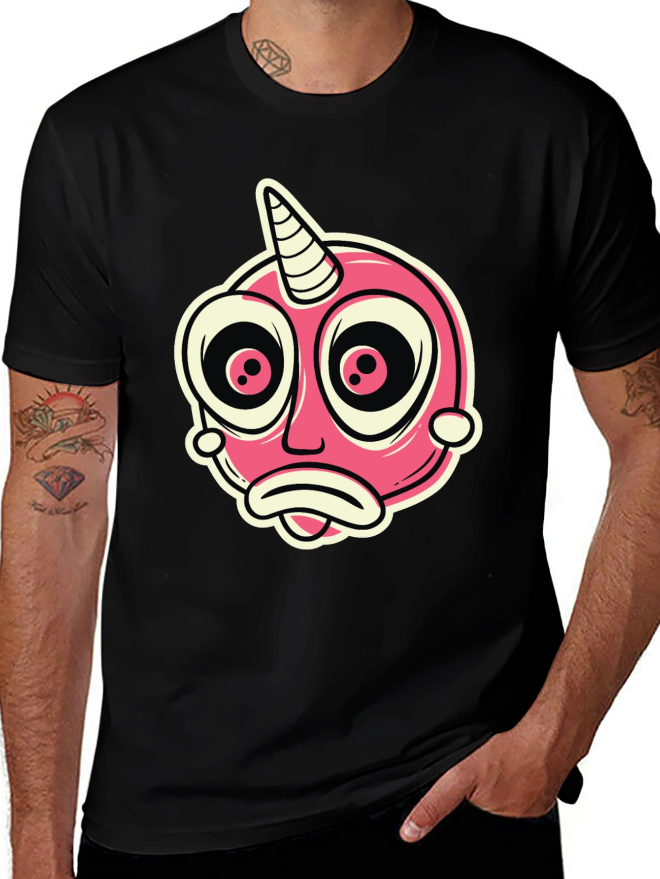 Cartoon Unicorn Creature Graphic Black T-Shirt