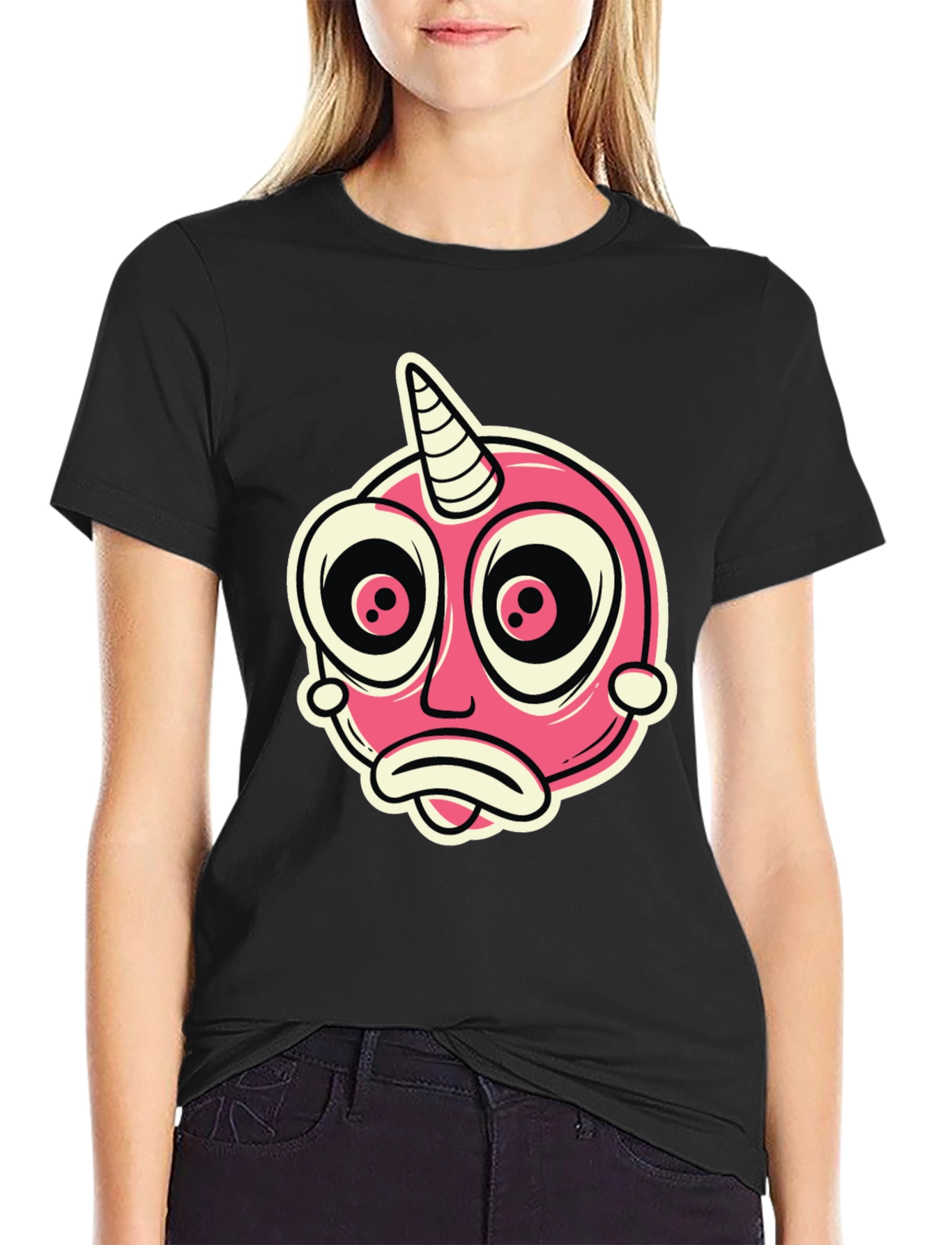 Cartoon Unicorn Creature Graphic Black T-Shirt