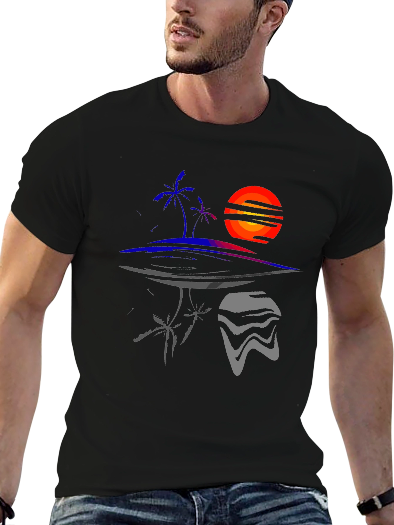 Abstract Sunset Island Graphic Tee - Unique Design