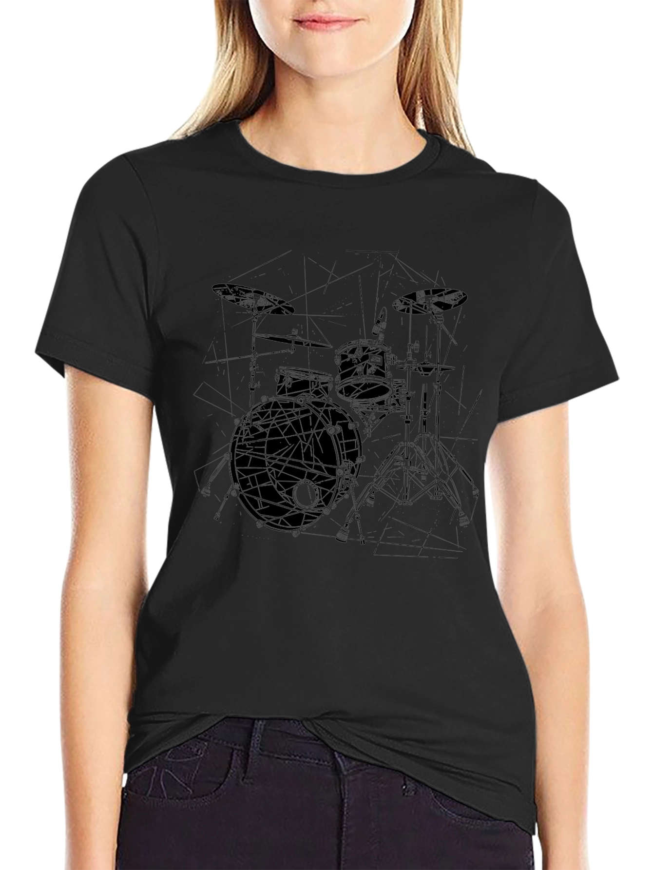 Drum Kit Outline Graphic Black T-Shirt