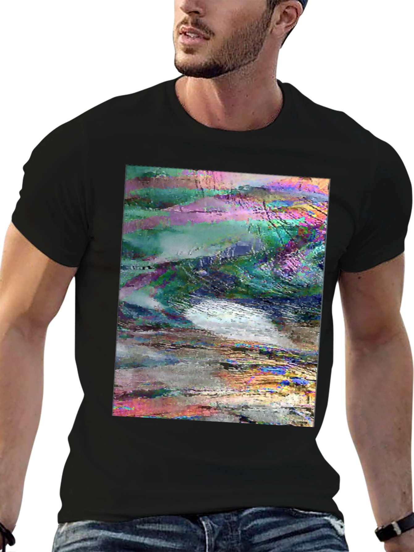 Abstract Glitch Art Graphic Tee - Black